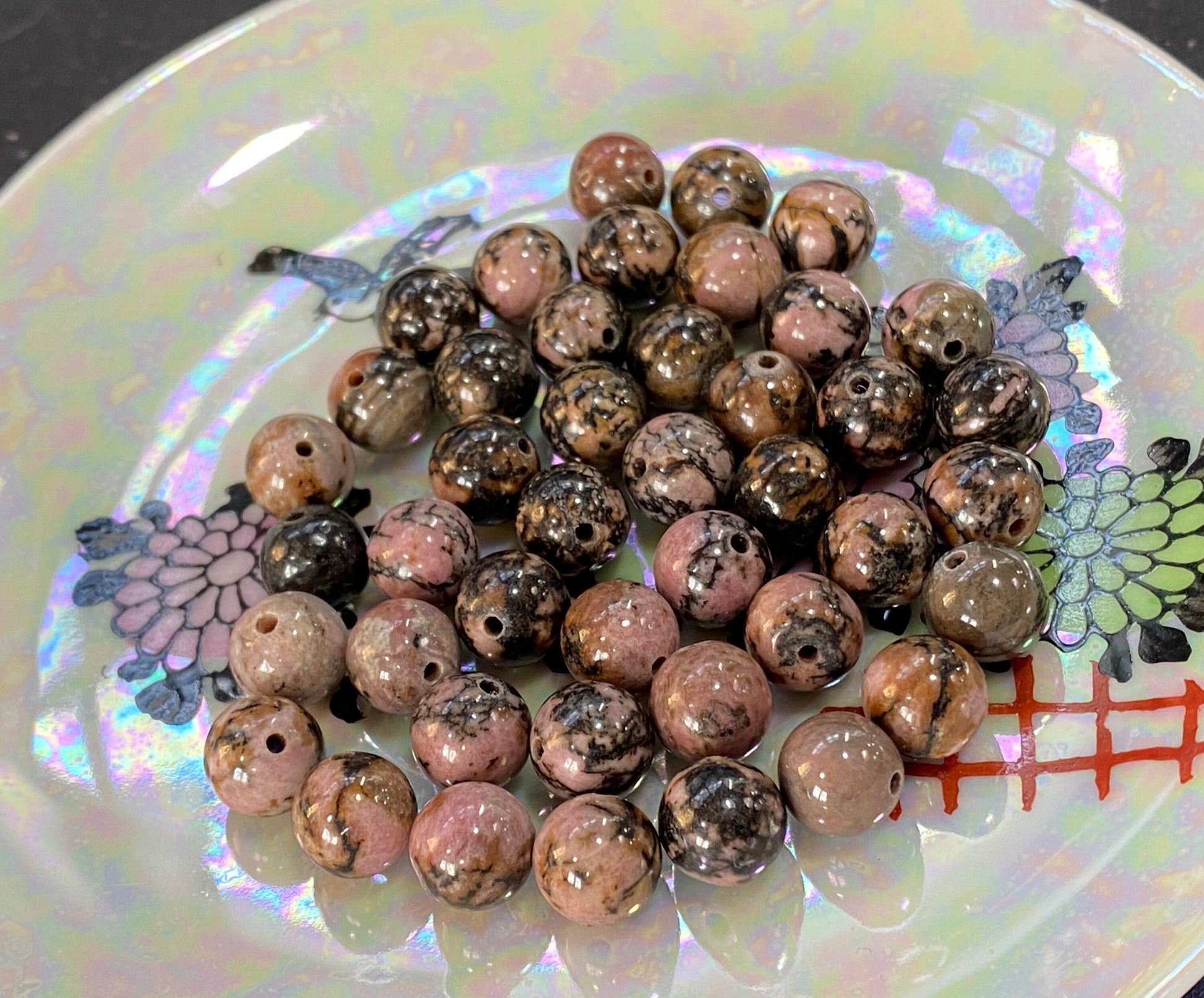 Natural Rhodonite pink black brown round Beads 8 or 10 mm Mottled salmon Gemstone Beads