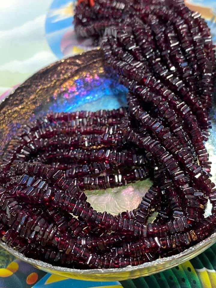 Berry red natural Garnet square heishi 4mm - 17” strand Deep Burgundy gemstone beads 3-4mm rustic beads handcut