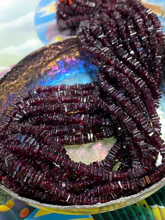 Berry red natural Garnet square heishi 4mm - 17” strand Deep Burgundy gemstone beads 3-4mm rustic beads handcut