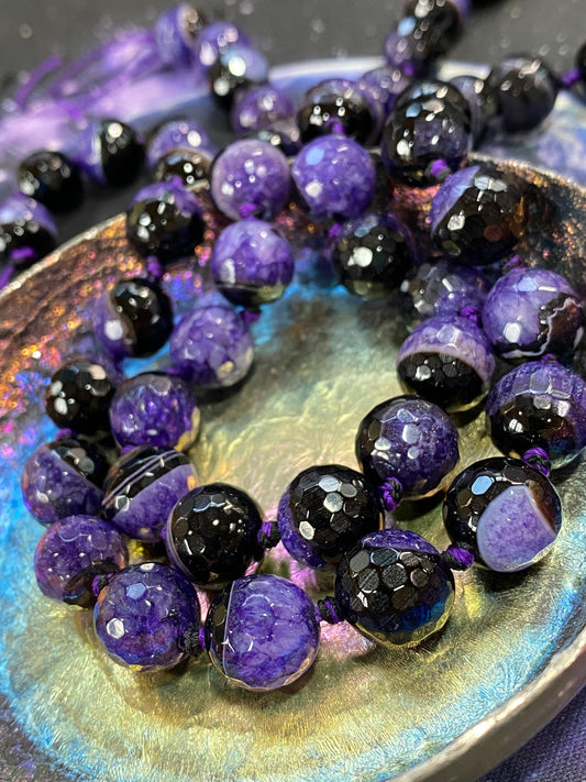 2 BEADS Purple and black Faceted Druzy Agate Beads / 12 mm Purple Geode Drusy Beads / Druzy Agate Striped Sparkly Crystal