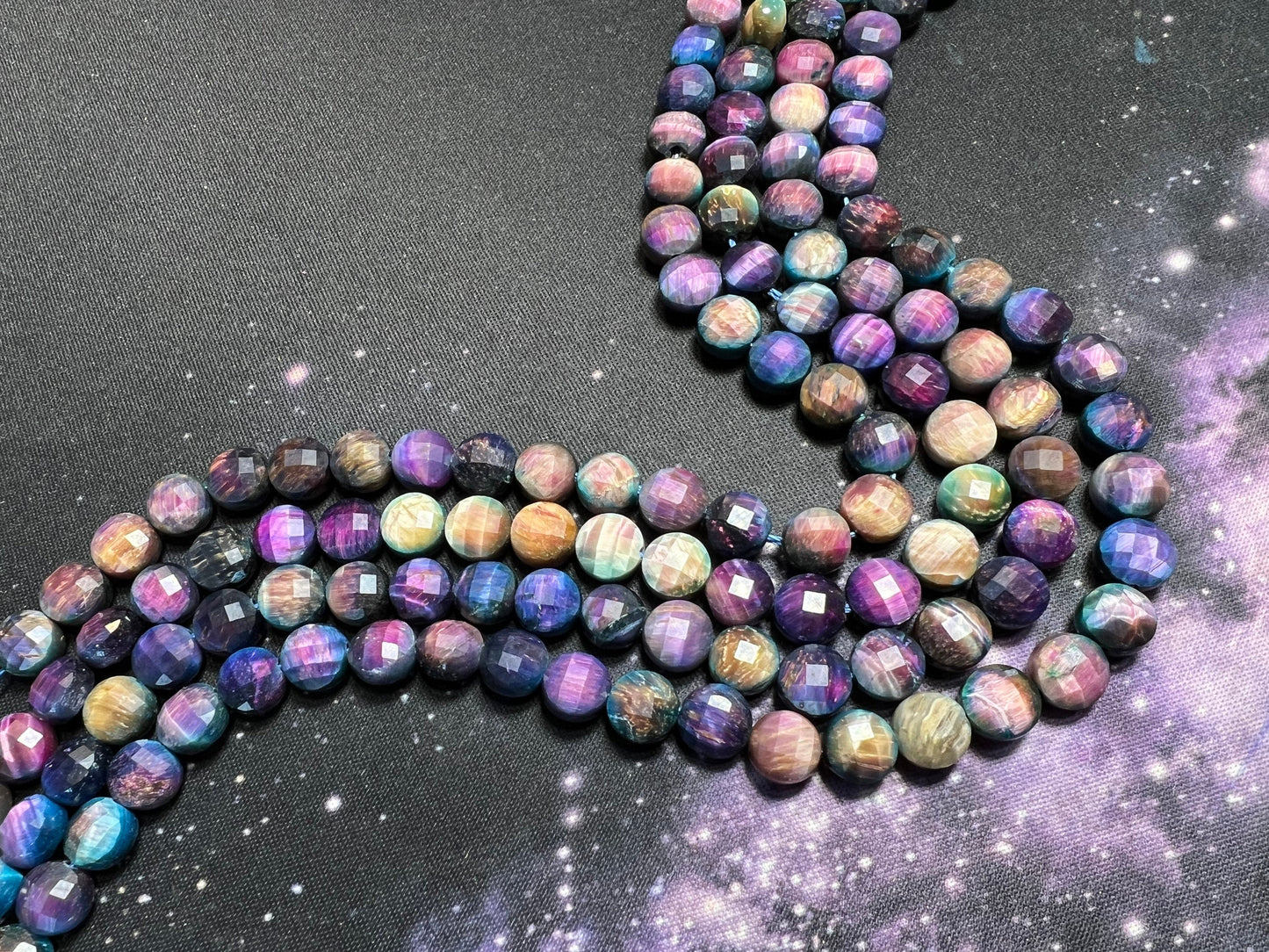 Tiger Eye Chequerboard faceted double sided purple pink brown coin beads unique Tiger Eye 8mm