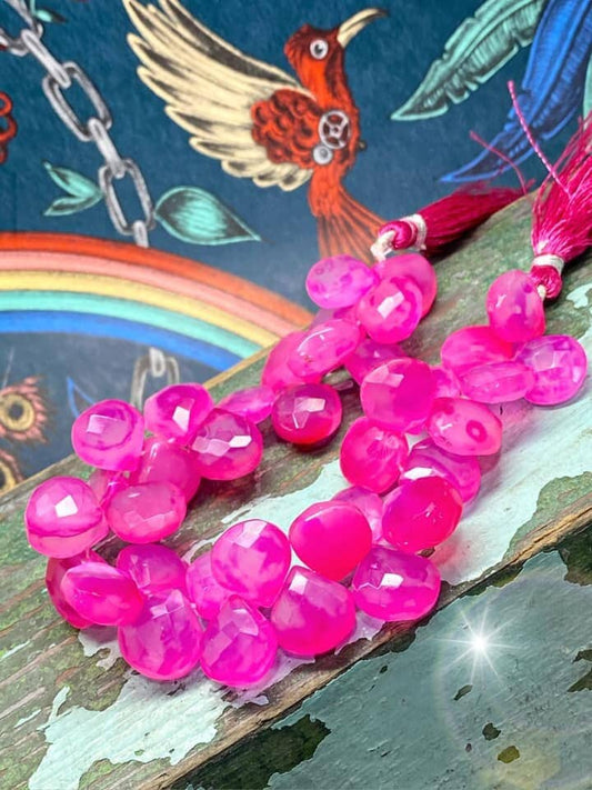 Pink Chalcedony Handcut rustic Hot Pink Briolette beads 10-12mm approx CHOOSE QUANTITY