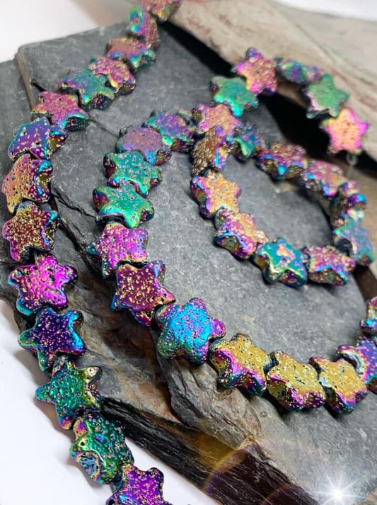 Metallic Electroplated Lava Rock Star Beads 13mm - Rainbow Titanium Plated Stars - Unique Rustic beads CHOOSE quantity