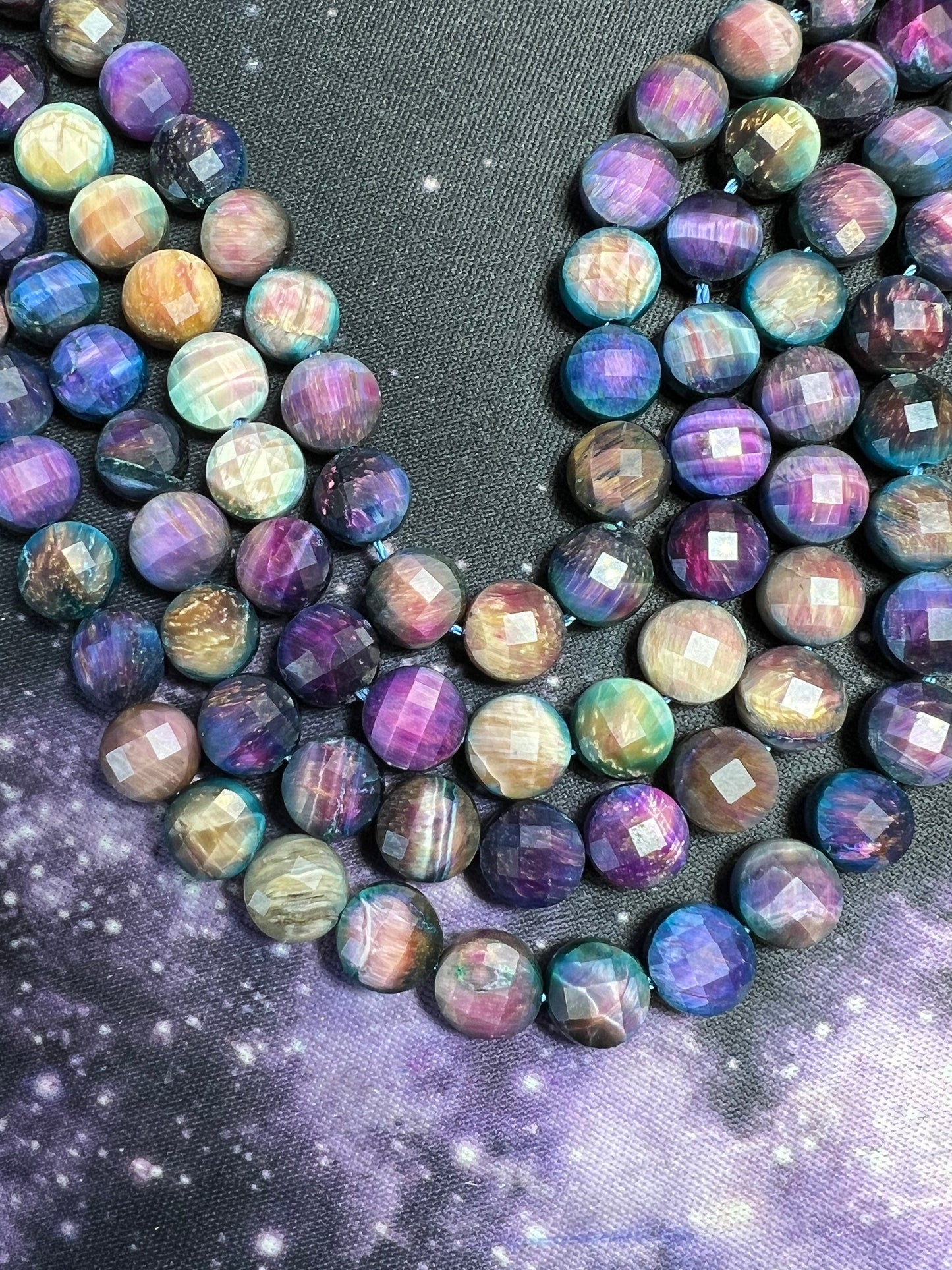 Tiger Eye Chequerboard faceted double sided purple pink brown coin beads unique Tiger Eye 8mm