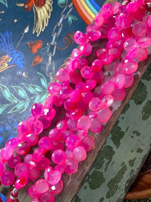 Pink Chalcedony Faceted Handcut rustic Hot Pink Briolette beads 10-12mm approx CHOOSE QUANTITY