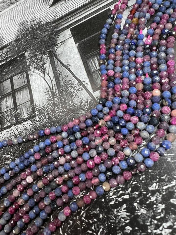 Ruby and Sapphire faceted rustic round beads 3.5mm