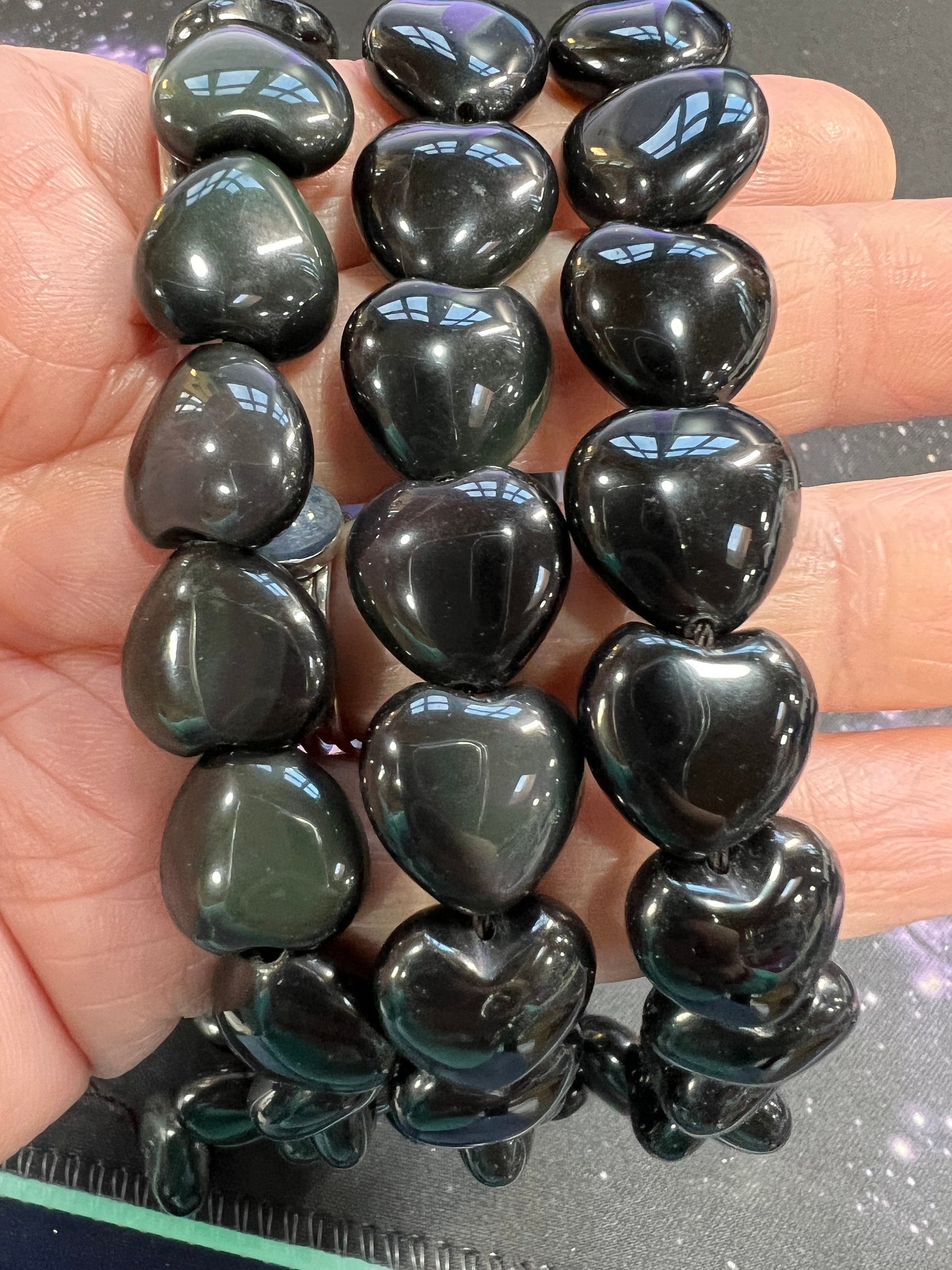 Rainbow Obsidian Heart Beads 14mm / Natural Beads /Black heart beads / Natural Gemstone beads