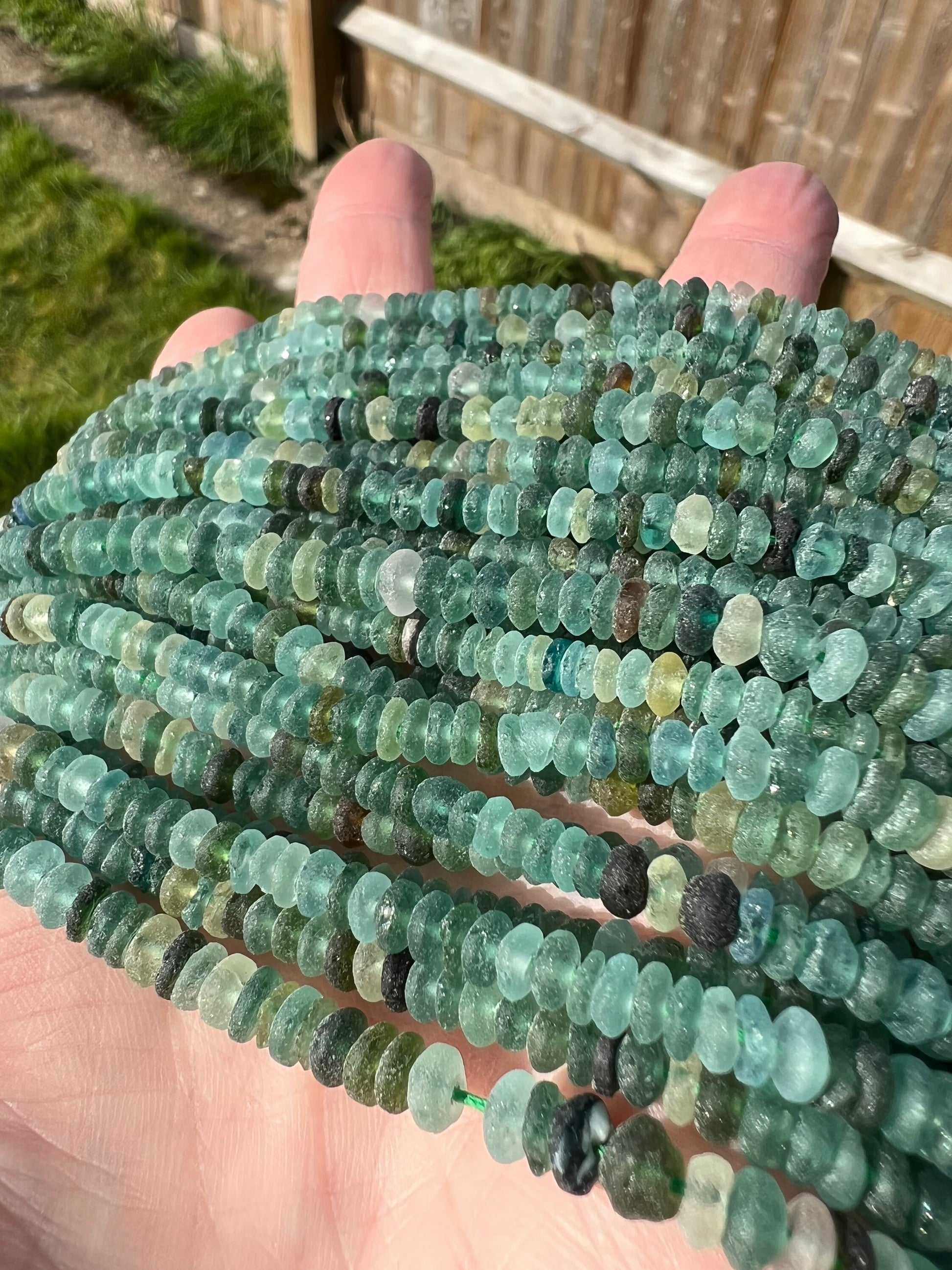 Roman Glass Disc tyre Rondelles Beads Blue Aqua Green Natural aged beads / Ancient Rare Beads 14.5” strand - 4-5mm approx
