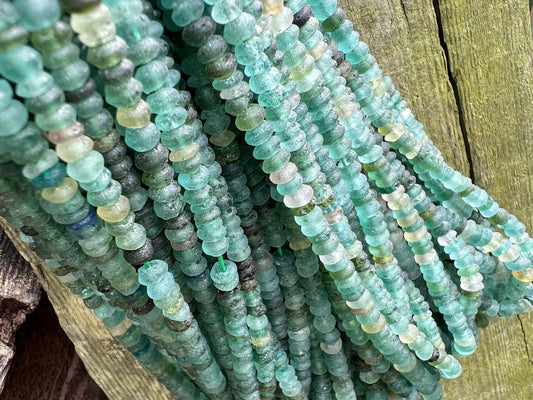 Roman Glass Disc tyre Rondelles Beads Blue Aqua Green Natural aged beads / Ancient Rare Beads 14.5” strand - 4-5mm approx