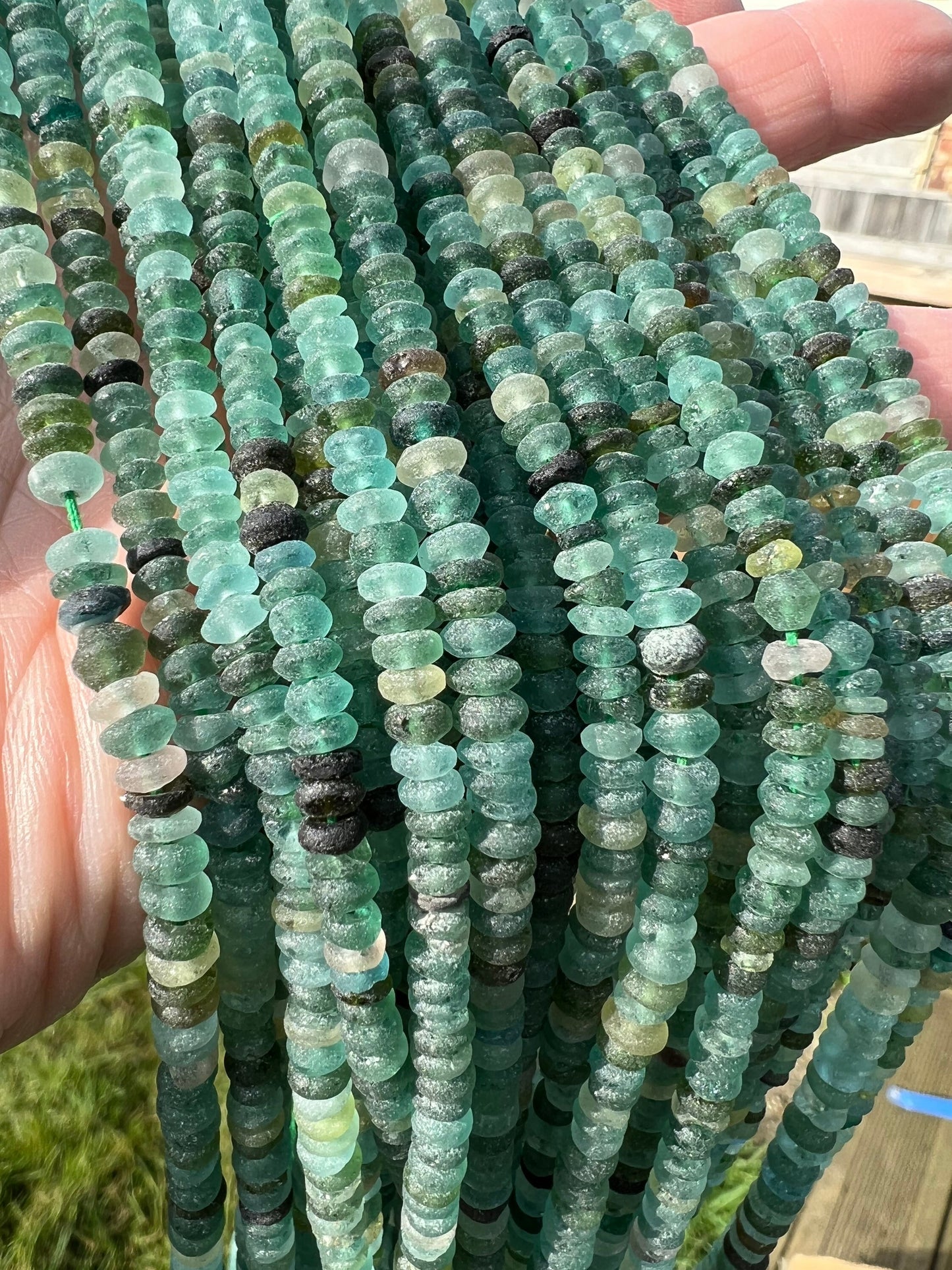 Roman Glass Disc tyre Rondelles Beads Blue Aqua Green Natural aged beads / Ancient Rare Beads 14.5” strand - 4-5mm approx