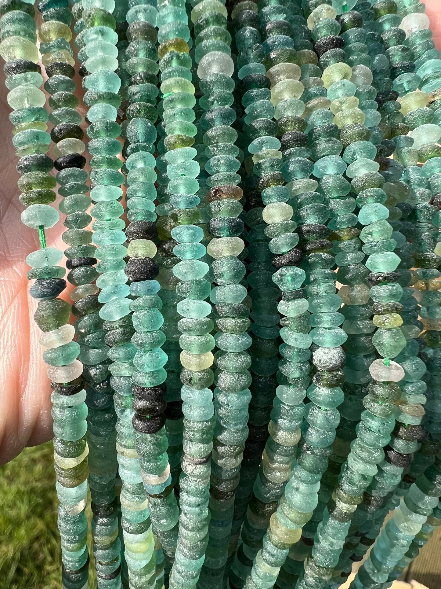 Roman Glass Disc tyre Rondelles Beads Blue Aqua Green Natural aged beads / Ancient Rare Beads 14.5” strand - 4-5mm approx