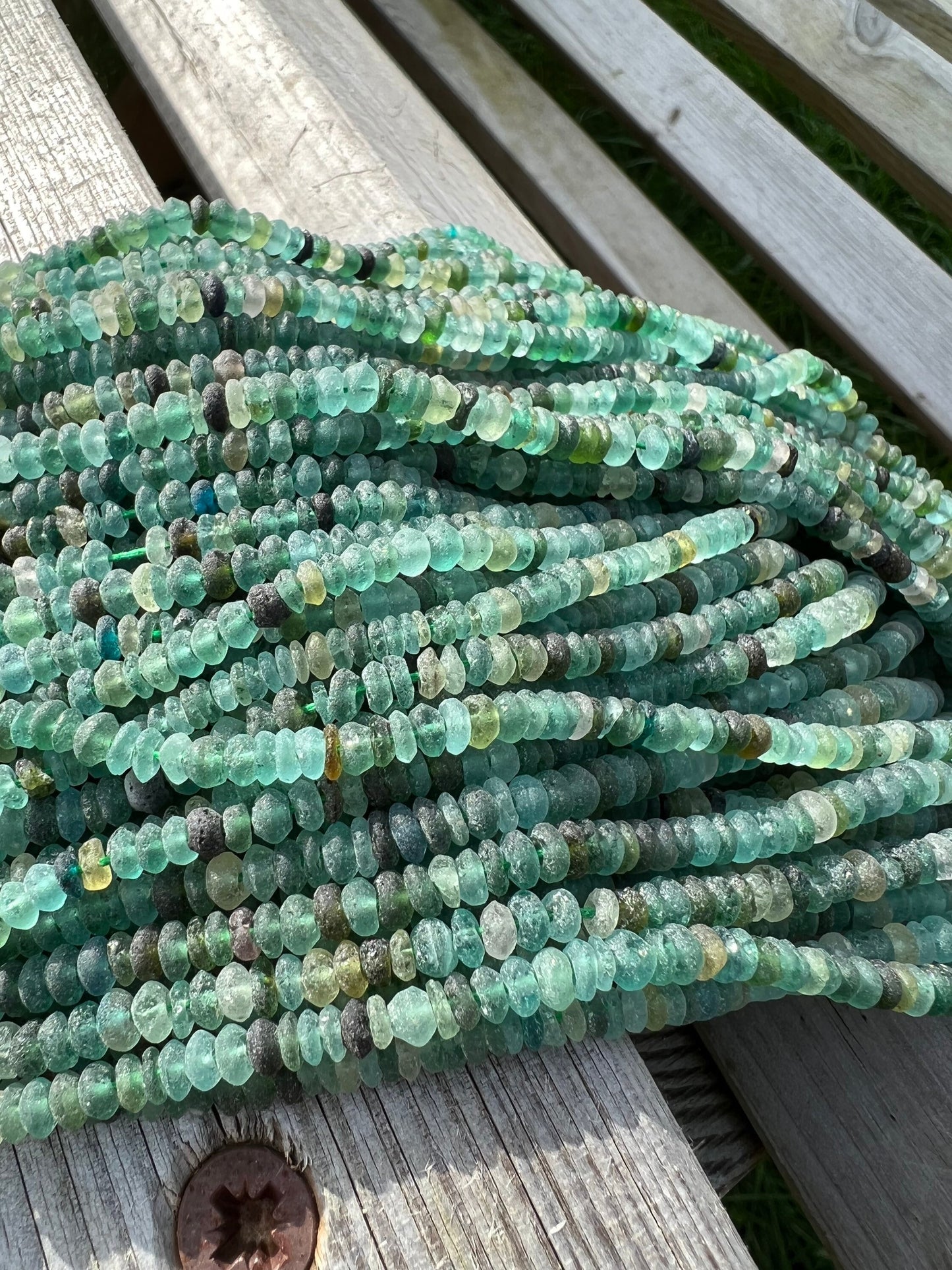 Roman Glass Disc tyre Rondelles Beads Blue Aqua Green Natural aged beads / Ancient Rare Beads 14.5” strand - 4-5mm approx