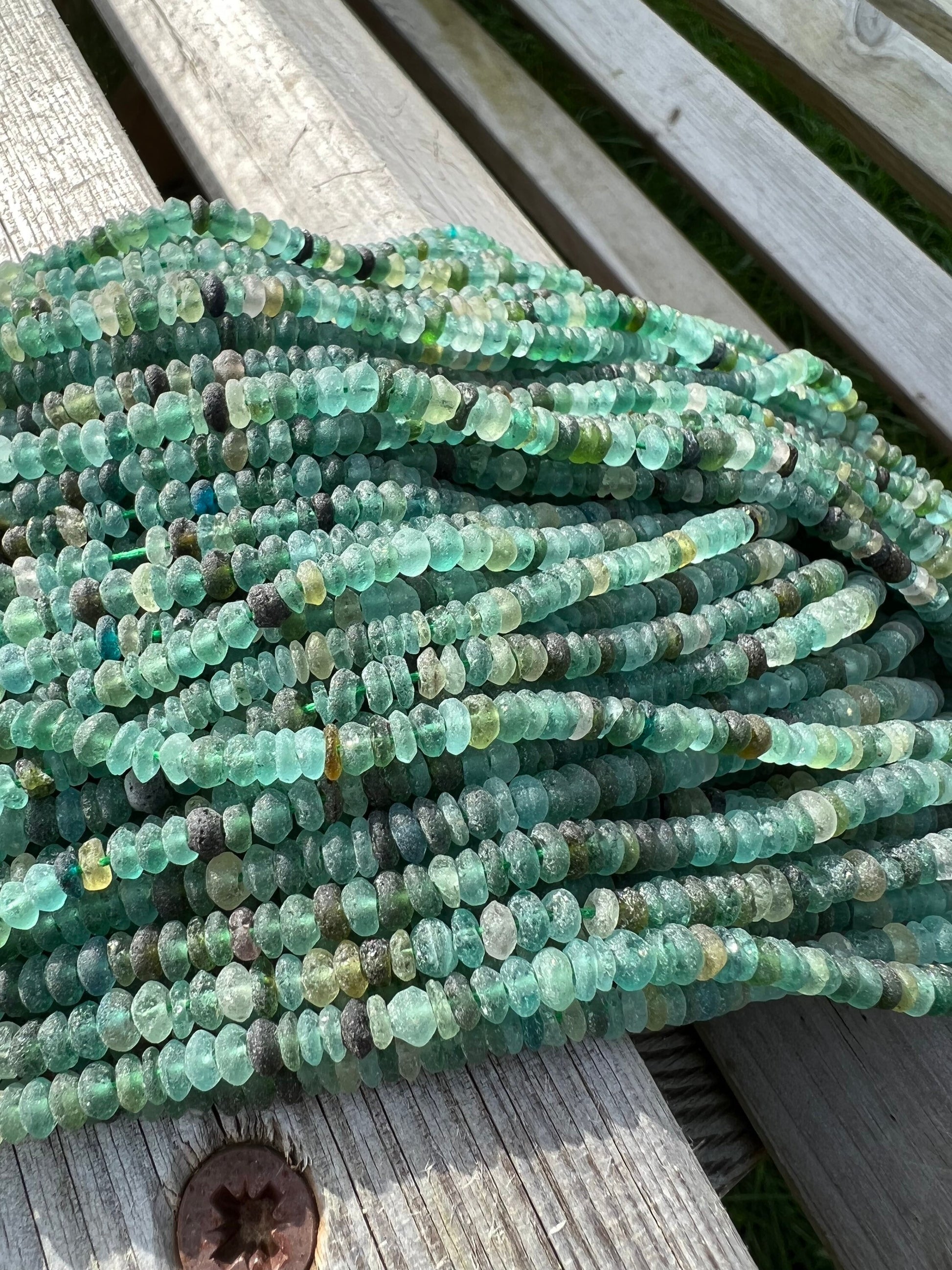 Roman Glass Disc tyre Rondelles Beads Blue Aqua Green Natural aged beads / Ancient Rare Beads 14.5” strand - 4-5mm approx