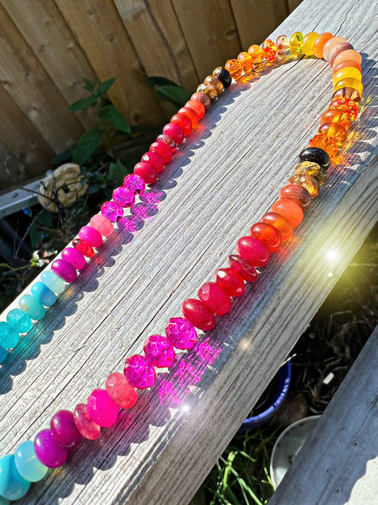 Custom Rainbow Sunset on the Beach Gemstone & Crystal Beaded Necklace Solid Sterling Silver Clasp (Gold Vermeil on request) CHAKRA