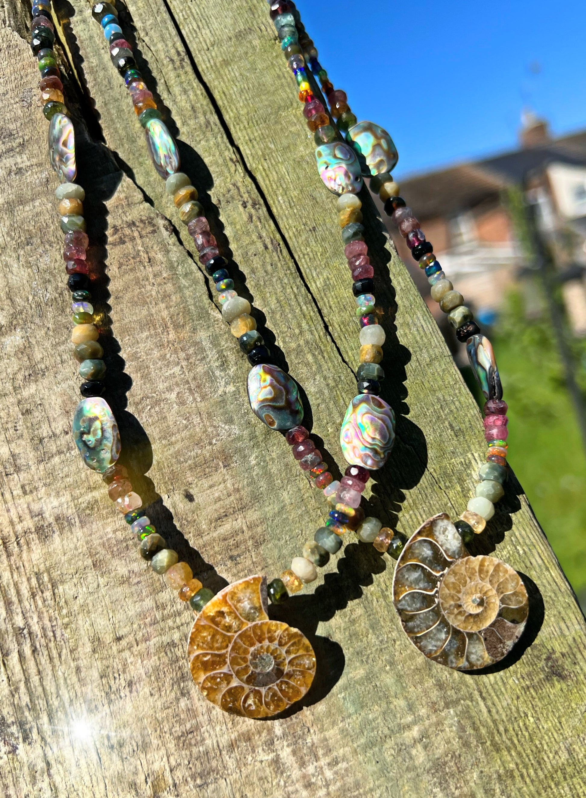 Natural Rustic Ammonite, Abalone, Watermelon Tourmaline, Chrysoberyl and Ethiopian Opal necklace Sterling Silver Clasp.