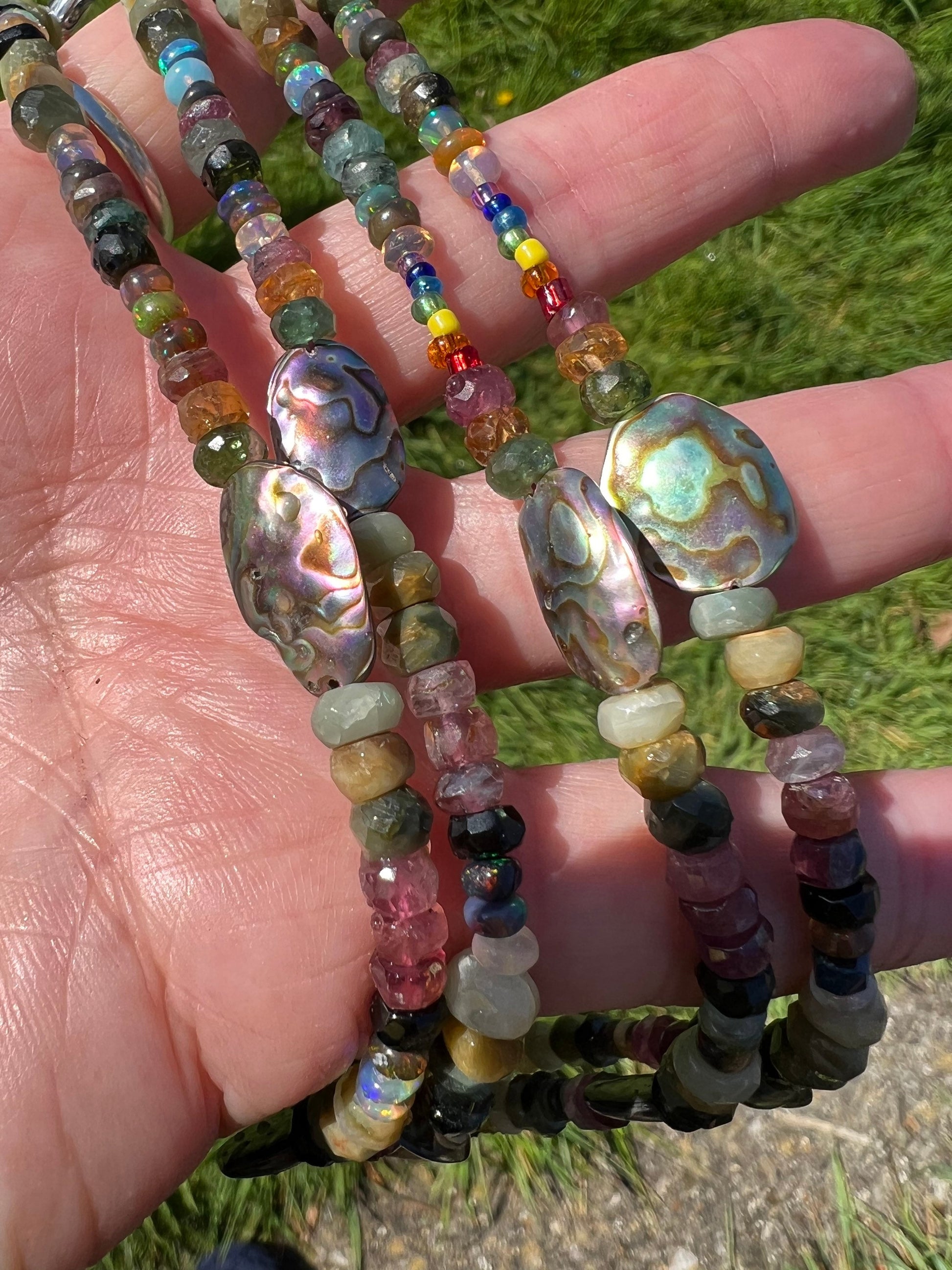 Natural Rustic Ammonite, Abalone, Watermelon Tourmaline, Chrysoberyl and Ethiopian Opal necklace Sterling Silver Clasp.