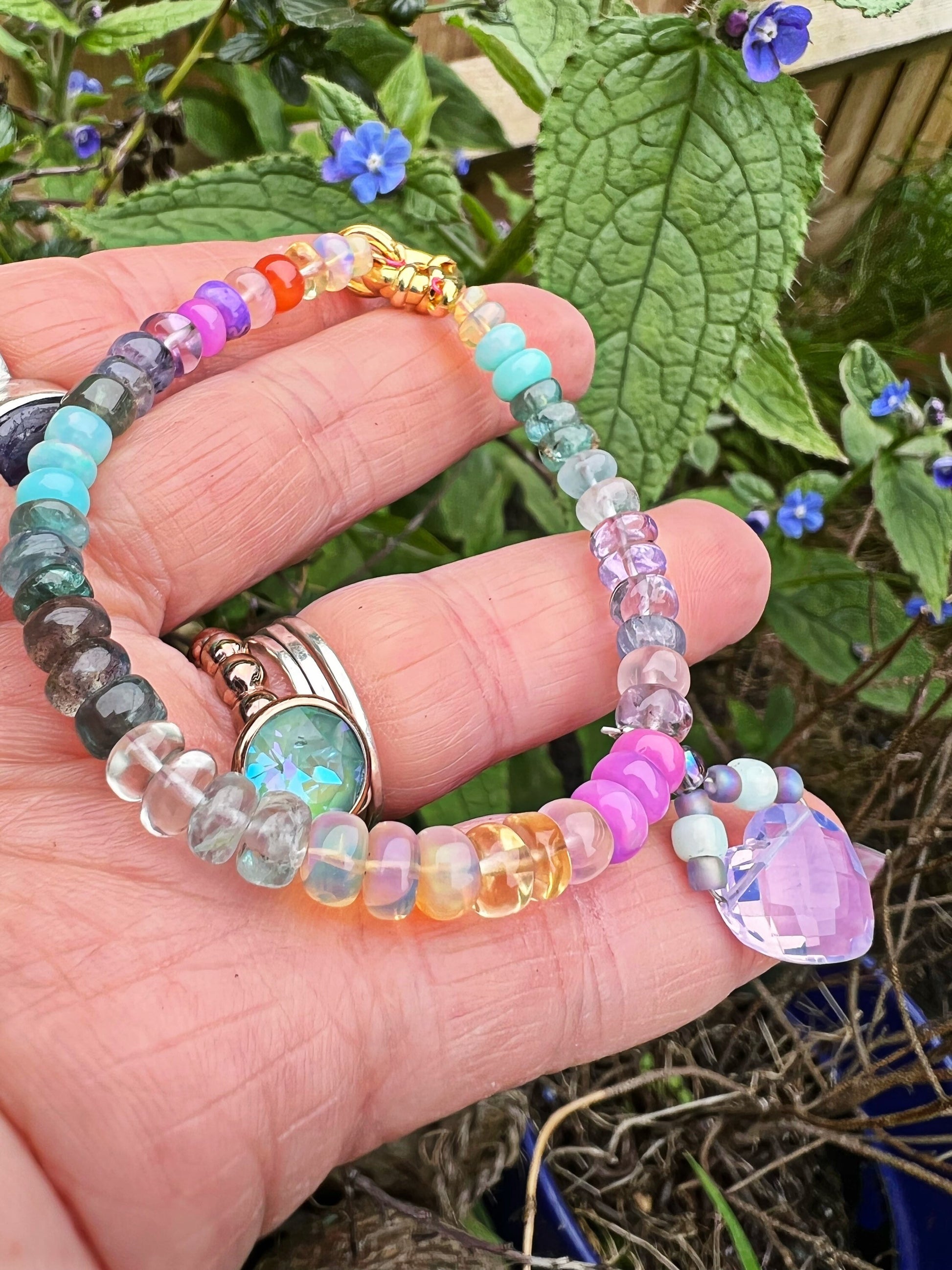 Custom OOAK Ethiopian Opal, Tanzanite, Apatite and other Gemstone Rainbow glow bracelet