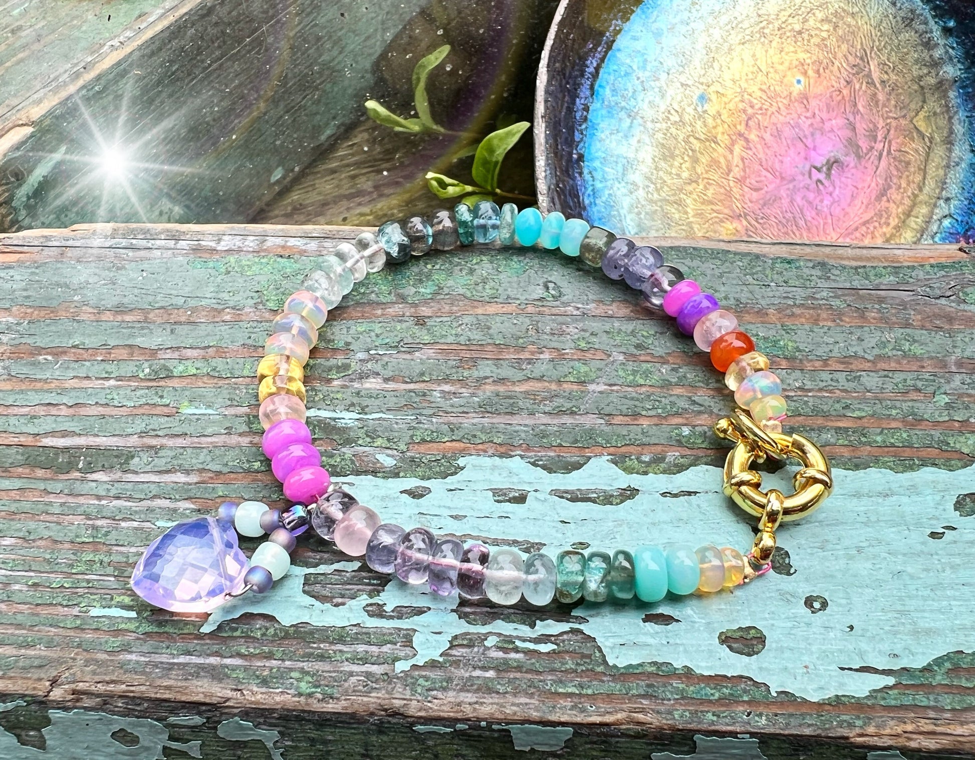 Custom OOAK Ethiopian Opal, Tanzanite, Apatite and other Gemstone Rainbow glow bracelet