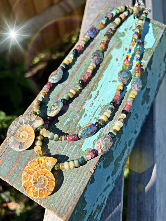 Natural Rustic Ammonite, Abalone, Watermelon Tourmaline, Chrysoberyl and Ethiopian Opal necklace Sterling Silver Clasp.