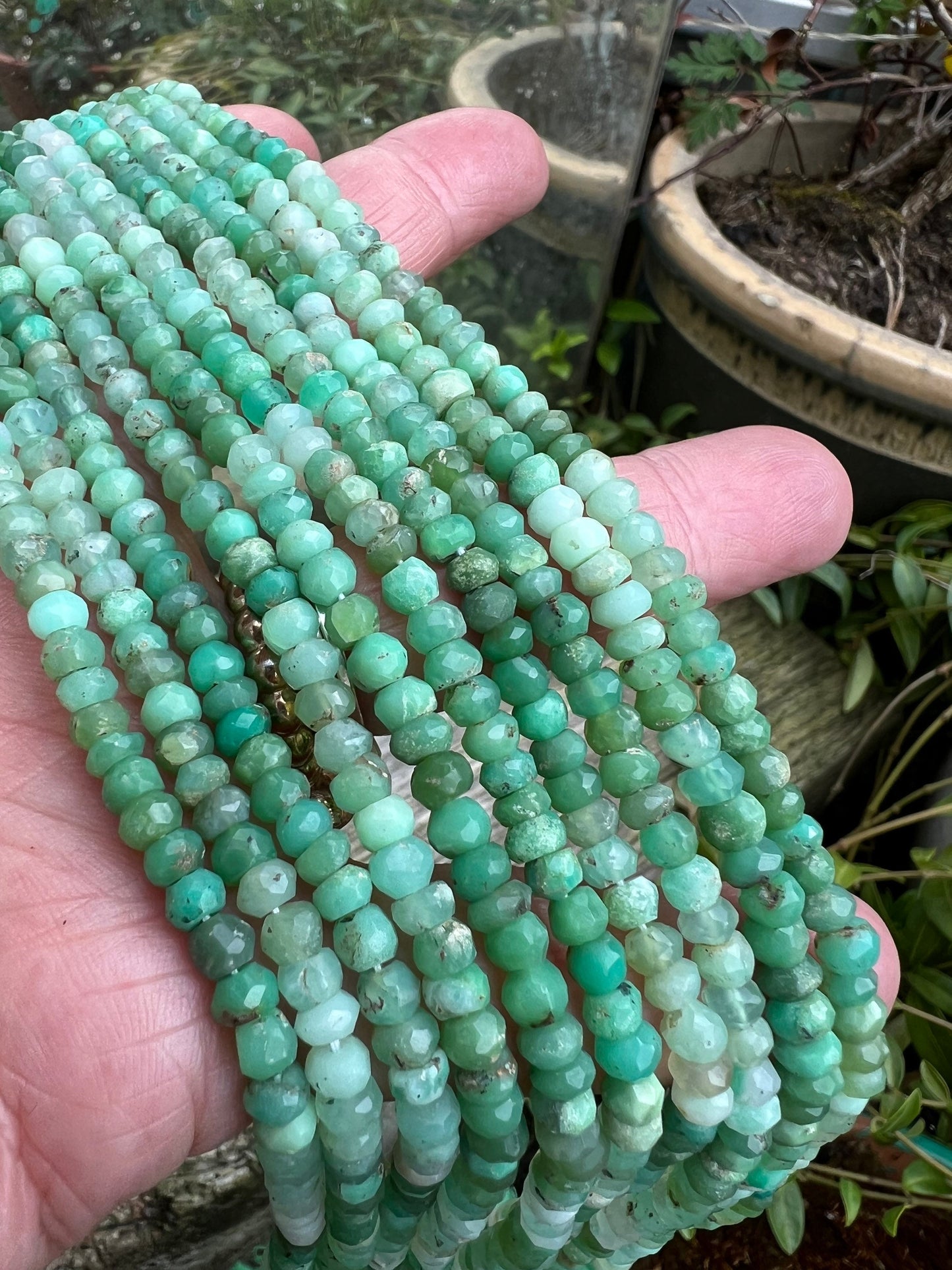 Rustic Hand Faceted Natural Chrysoprase Green Ombré Rondelle Beads / Gemstone Beads/ Approx 4- 5mm