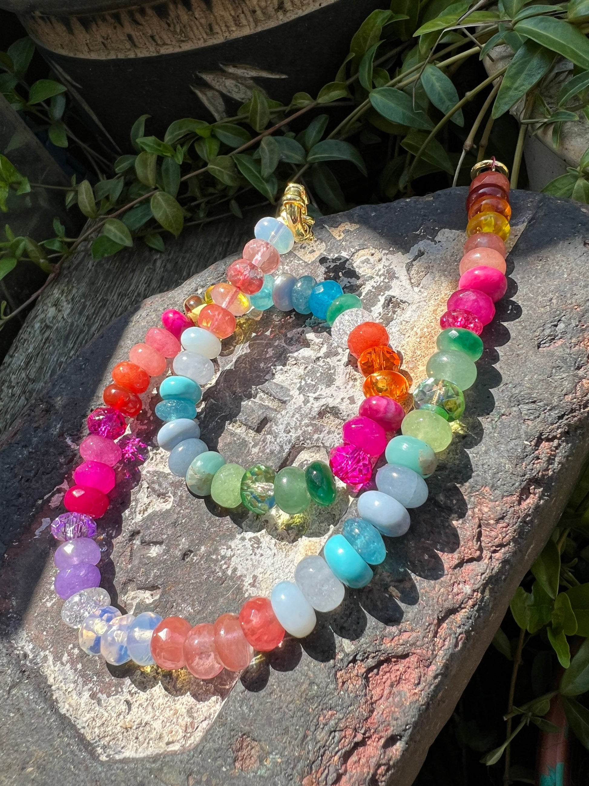 Custom Brights Rainbow Multi Gemstone Crystal & Mixed Beaded Necklace SOLID Sterling Toggle Clasp made to order CHAKRA 8mm beads