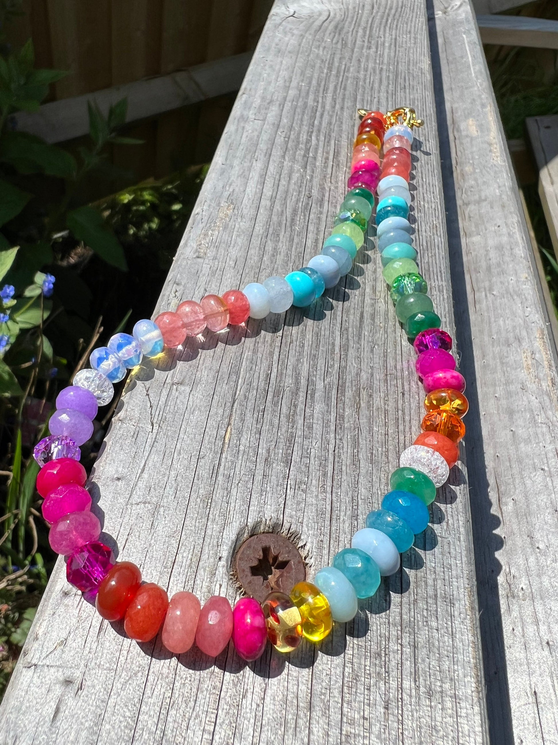 Custom Brights Rainbow Multi Gemstone Crystal & Mixed Beaded Necklace SOLID Sterling Toggle Clasp made to order CHAKRA 8mm beads