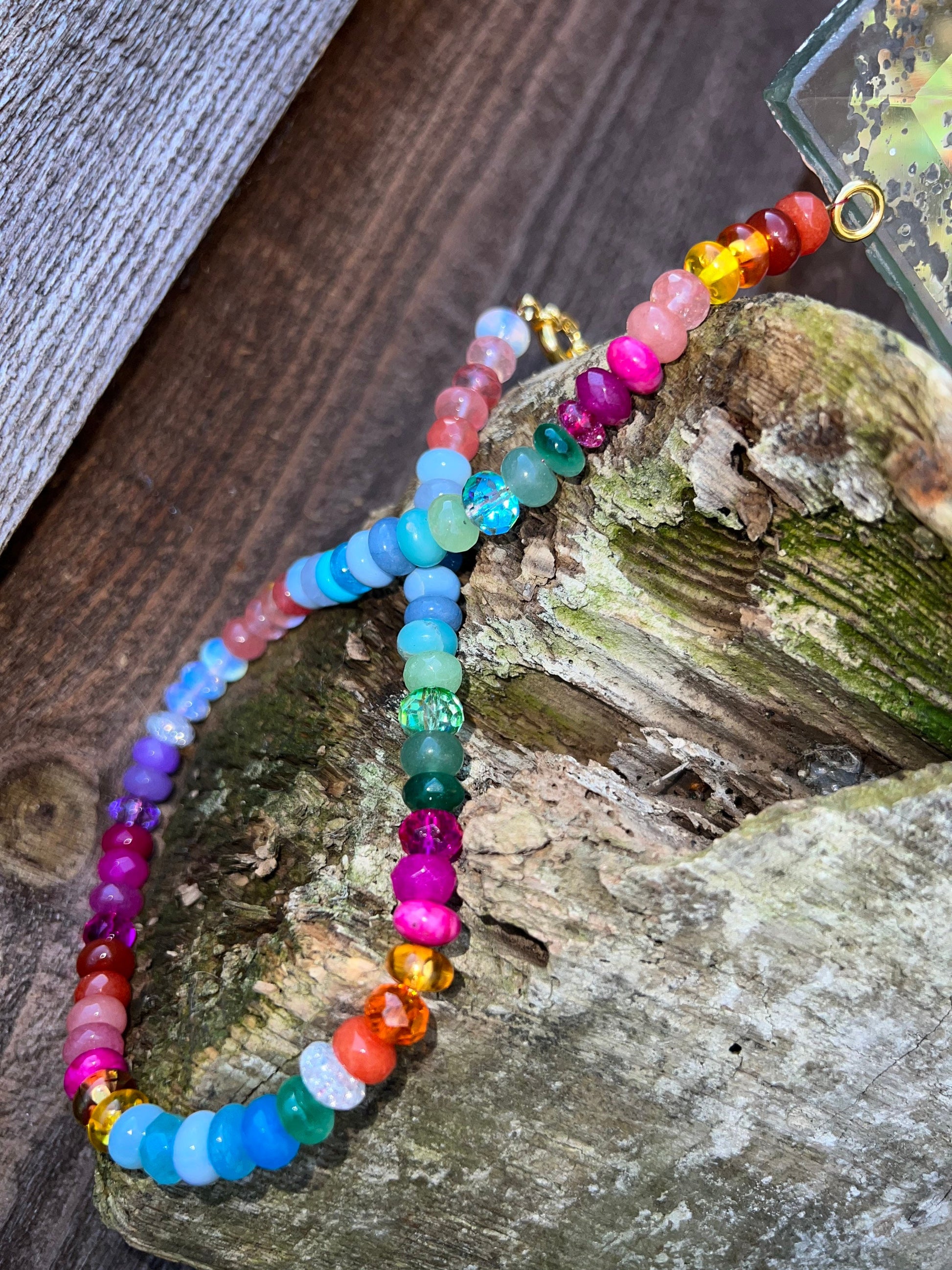Custom Brights Rainbow Multi Gemstone Crystal & Mixed Beaded Necklace SOLID Sterling Toggle Clasp made to order CHAKRA 8mm beads