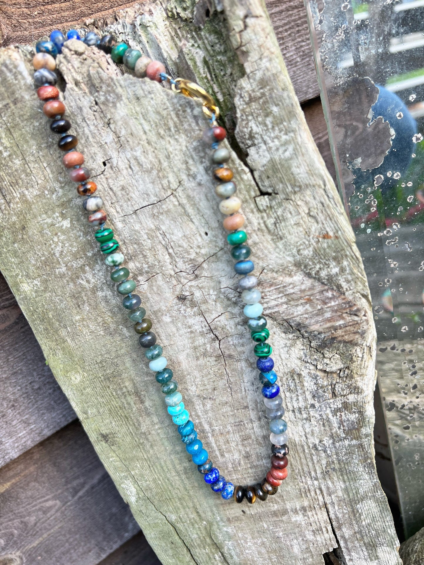 Custom Earthy Muted Rainbow Multi Gemstone Knotted Necklace - made to order CHAKRA balance 8mm PLEASE read description Rustic Mix