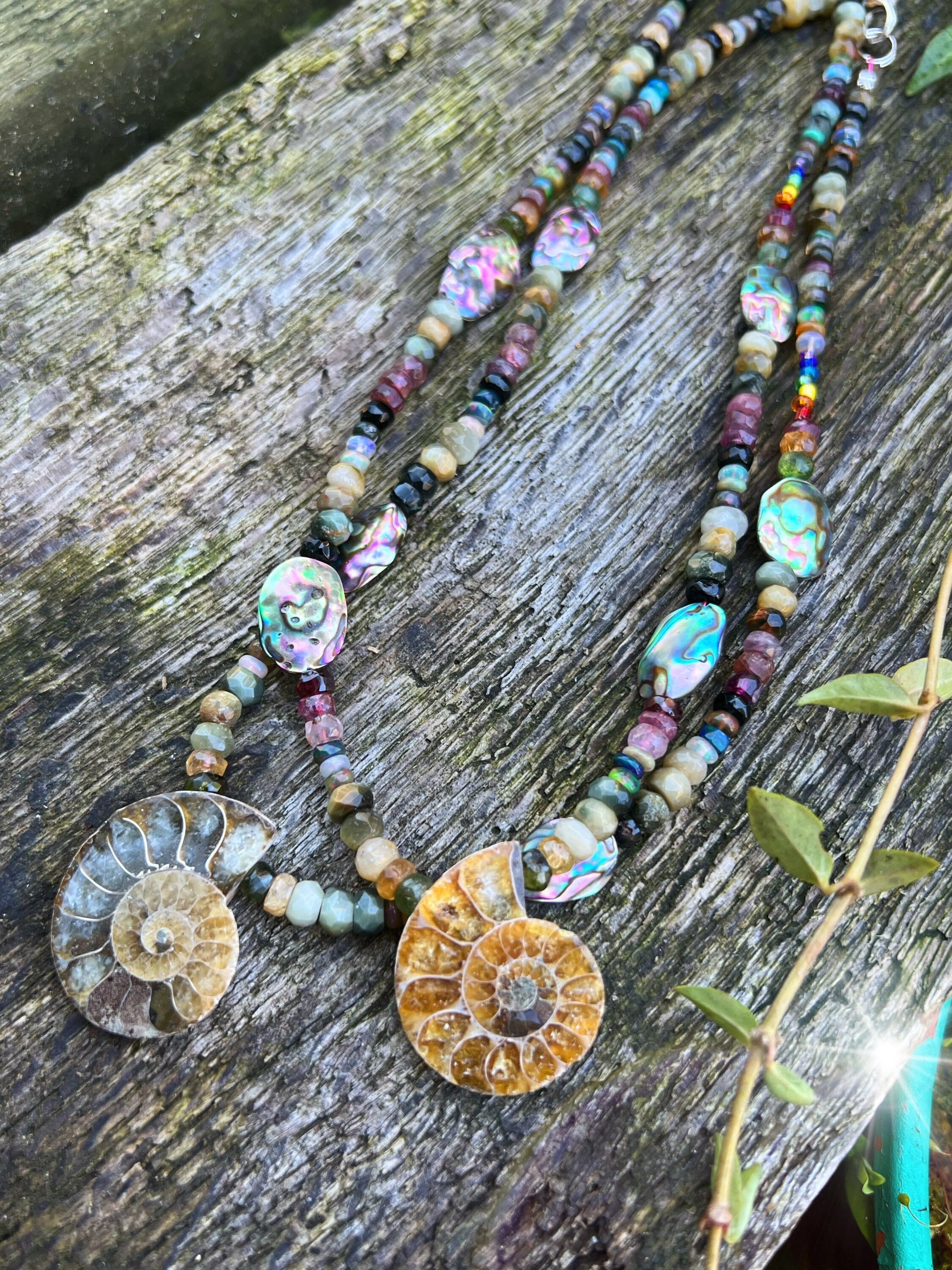 Natural Rustic Ammonite, Abalone, Watermelon Tourmaline, Chrysoberyl and Ethiopian Opal necklace Sterling Silver Clasp.