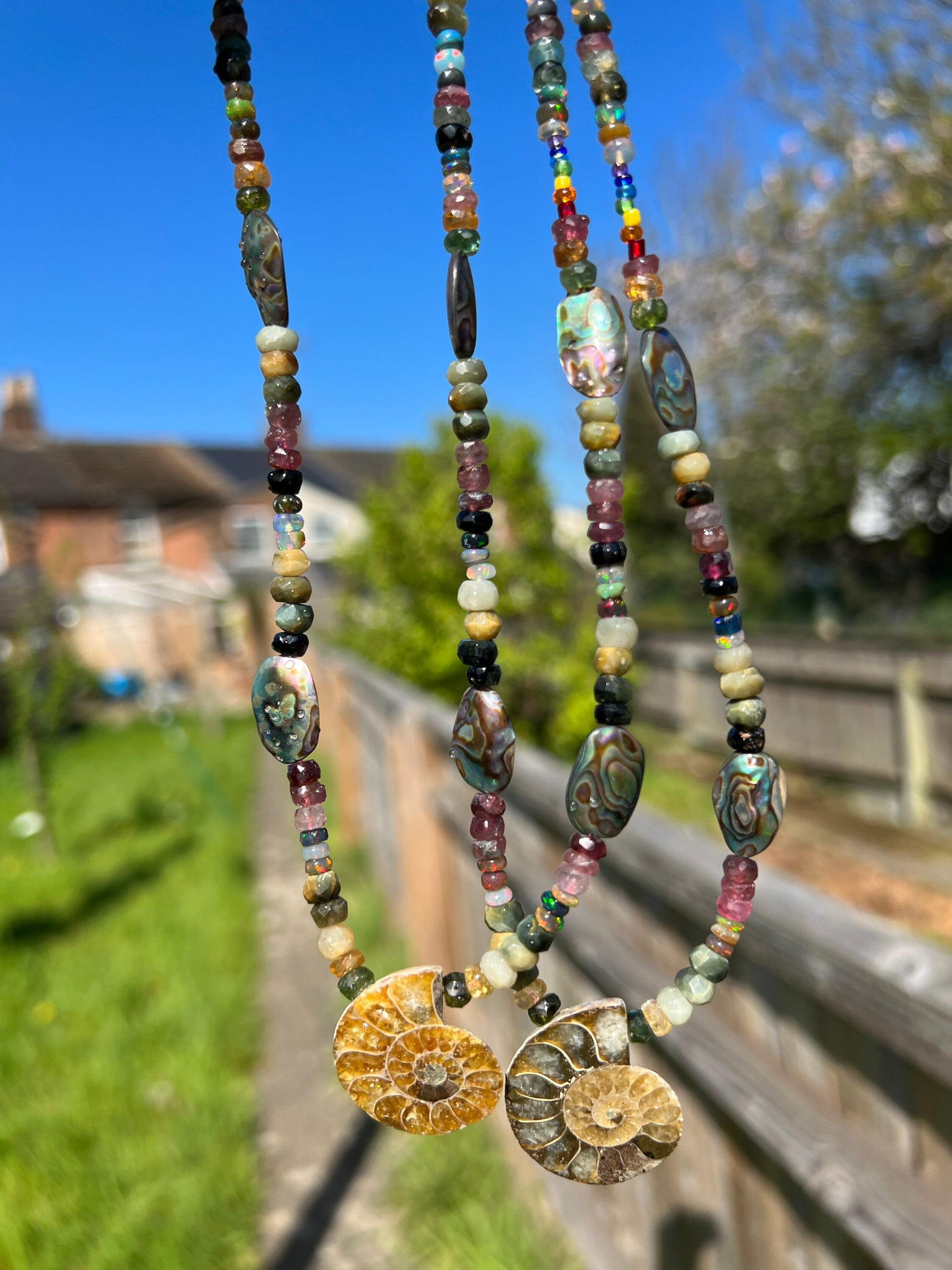 Natural Rustic Ammonite, Abalone, Watermelon Tourmaline, Chrysoberyl and Ethiopian Opal necklace Sterling Silver Clasp.