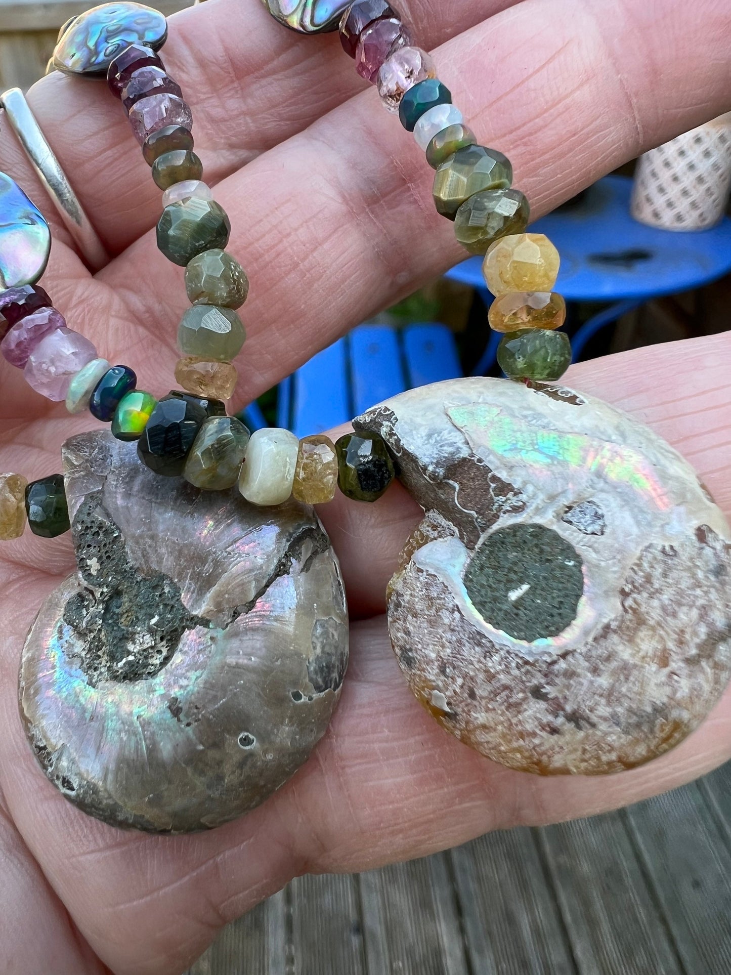 Natural Rustic Ammonite, Abalone, Watermelon Tourmaline, Chrysoberyl and Ethiopian Opal necklace Sterling Silver Clasp.