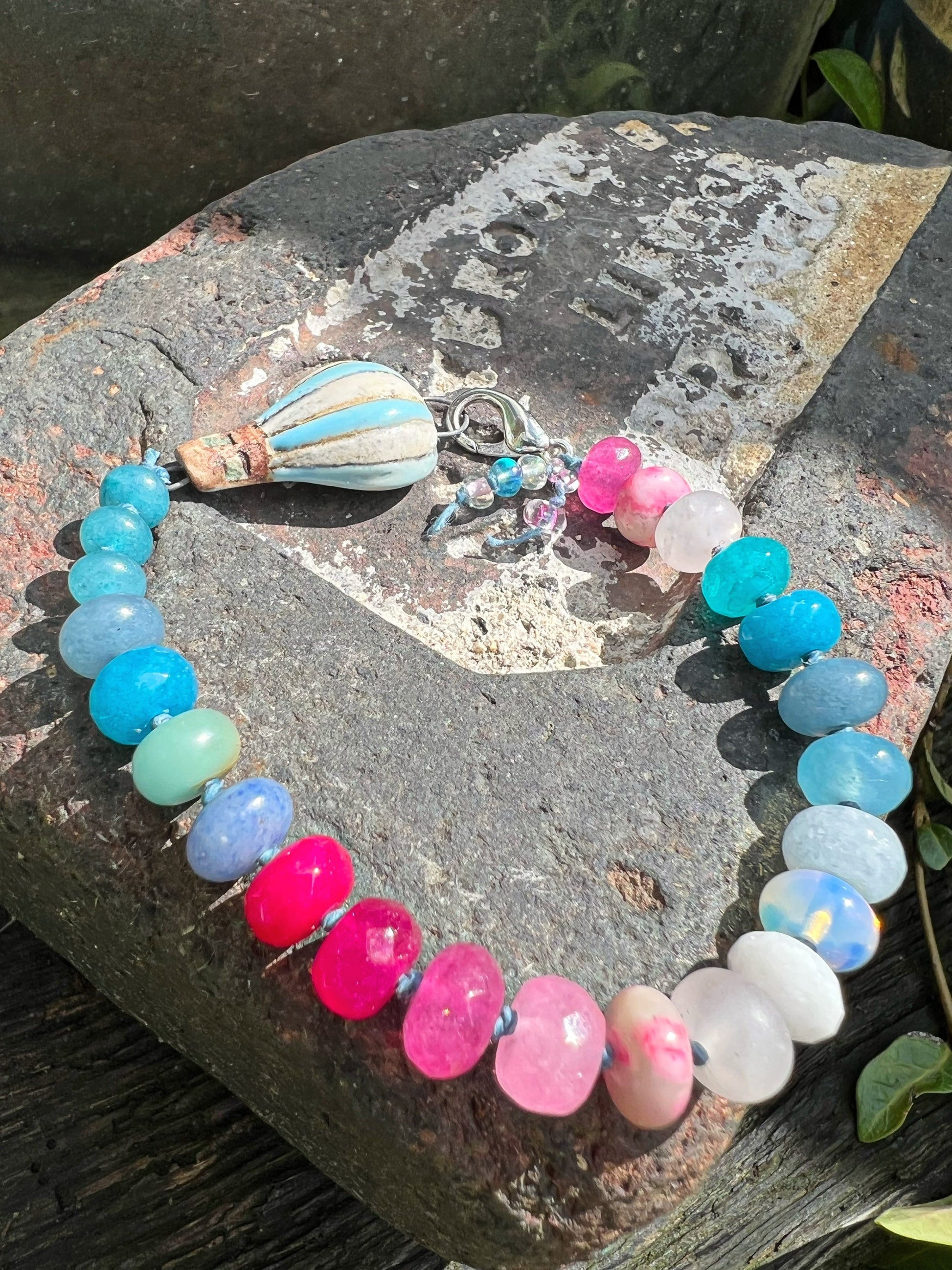 Custom Brights Glowy Pink Blue Multi Gemstone Hot Air Balloon Beaded Knotted Bracelet made to order 8mm Handmade Balloon by Nitta Elomäki