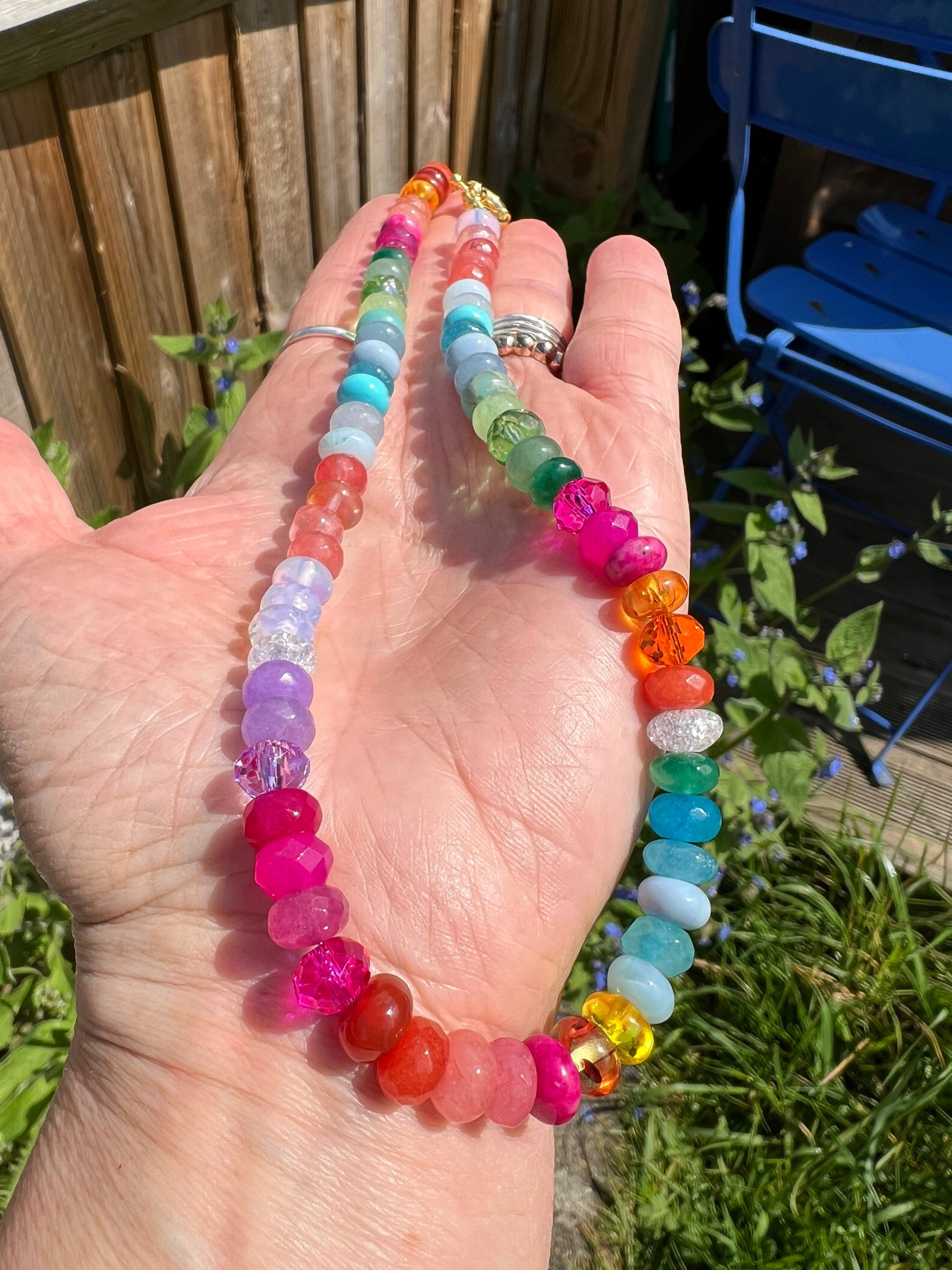 Custom Brights Rainbow Multi Gemstone Crystal & Mixed Beaded Necklace SOLID Sterling Toggle Clasp made to order CHAKRA 8mm beads