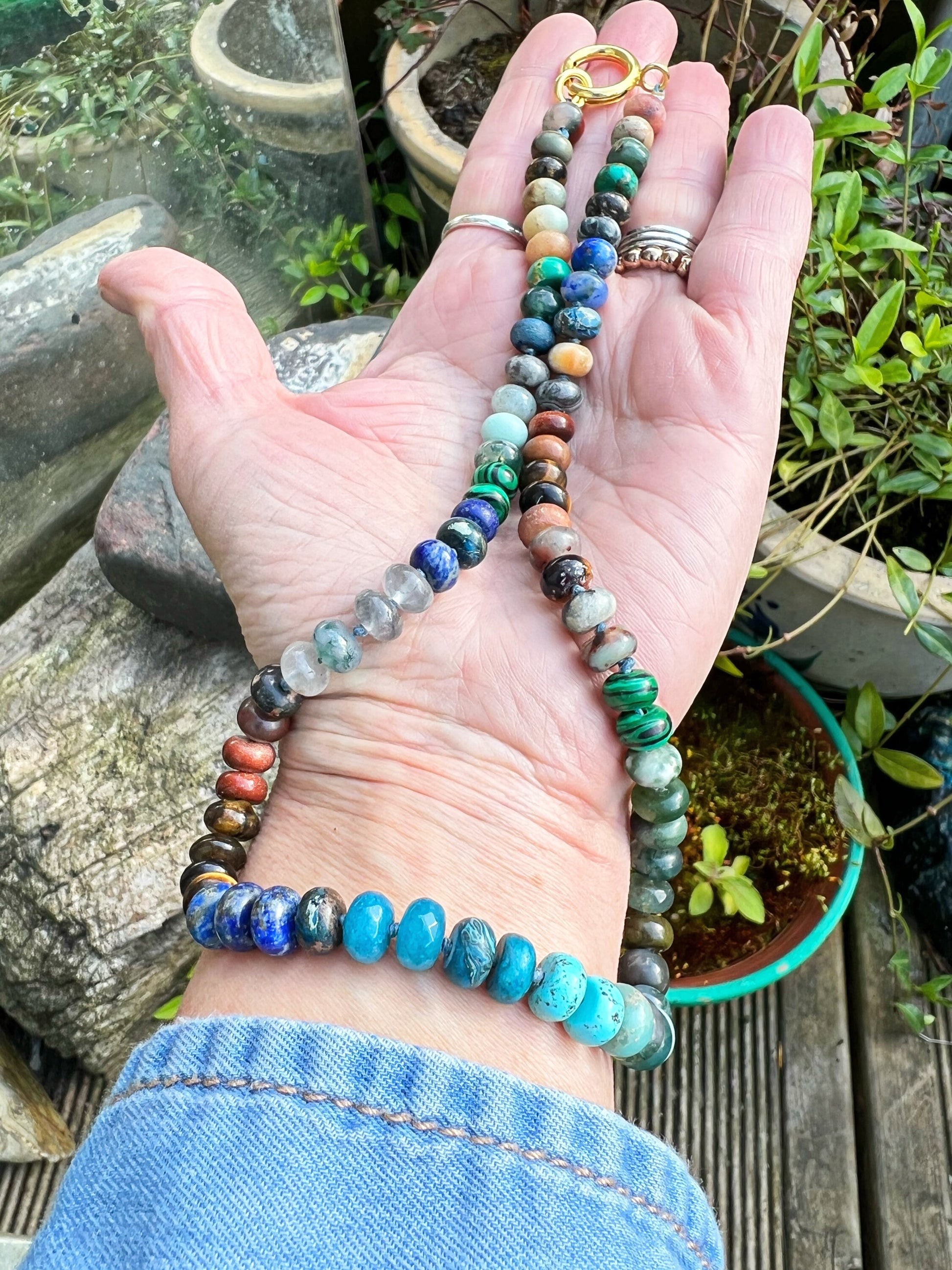 Custom Earthy Muted Rainbow Multi Gemstone Knotted Necklace - made to order CHAKRA balance 8mm PLEASE read description Rustic Mix
