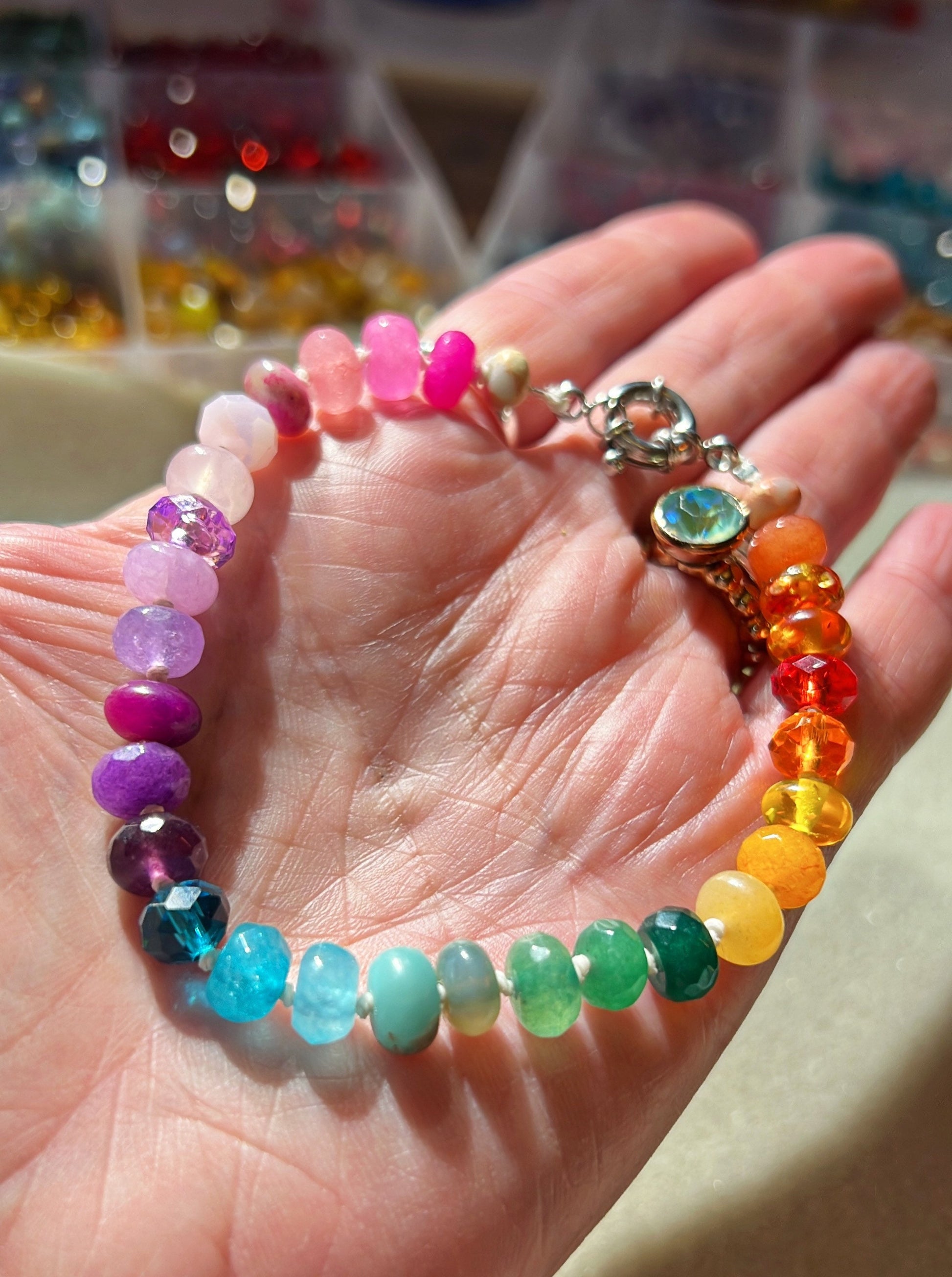 Custom Brights Rainbow Multi Gemstone Beaded Knotted Bracelet - made to order 8mm beads PLEASE read description Sterling silver clasp