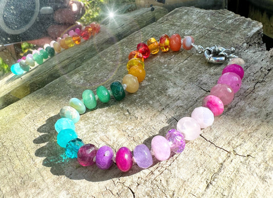 Custom Brights Rainbow Multi Gemstone Beaded Knotted Bracelet - made to order 8mm beads PLEASE read description Sterling silver clasp