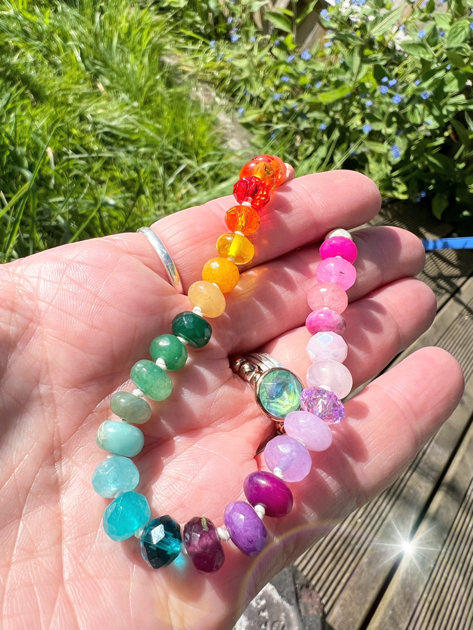 Custom Brights Rainbow Multi Gemstone Beaded Knotted Bracelet - made to order 8mm beads PLEASE read description Sterling silver clasp
