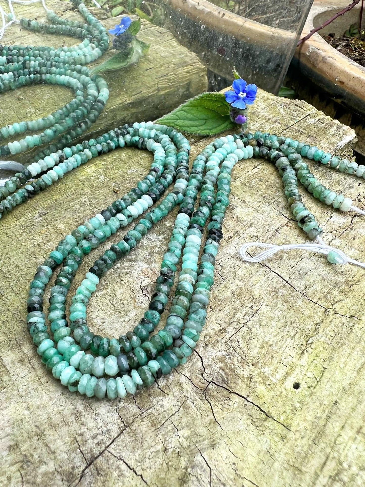 Emerald Rustic Hand Faceted Rondelle Beads May Birthstone / Green Gemstone 4mm approx handcut 13.5 inch strand / Ombre tones