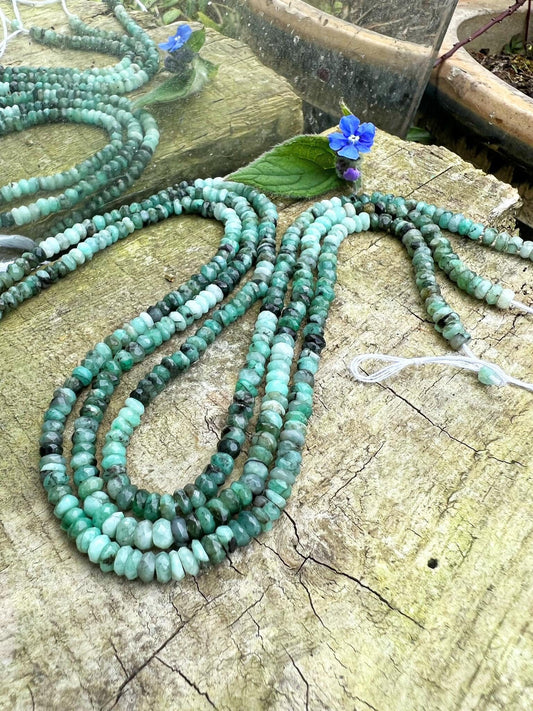 Emerald Rustic Hand Faceted Rondelle Beads May Birthstone / Green Gemstone 4mm approx handcut 13.5 inch strand / Ombre tones
