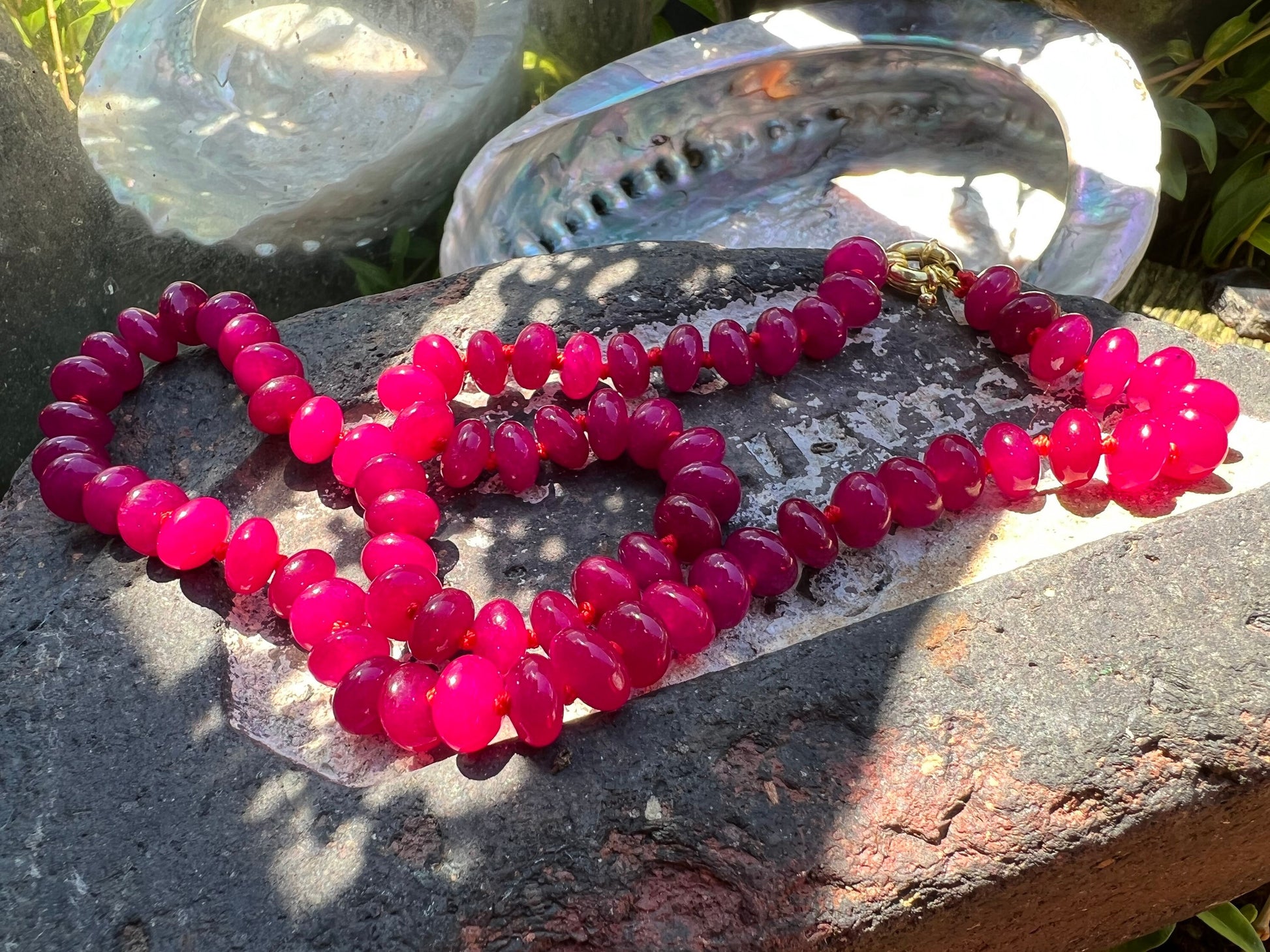 Cerise Summer Knotted Smooth Pink Chalcedony gemstone handmade necklace , 8mm beads 18” Gold Plated Clasp