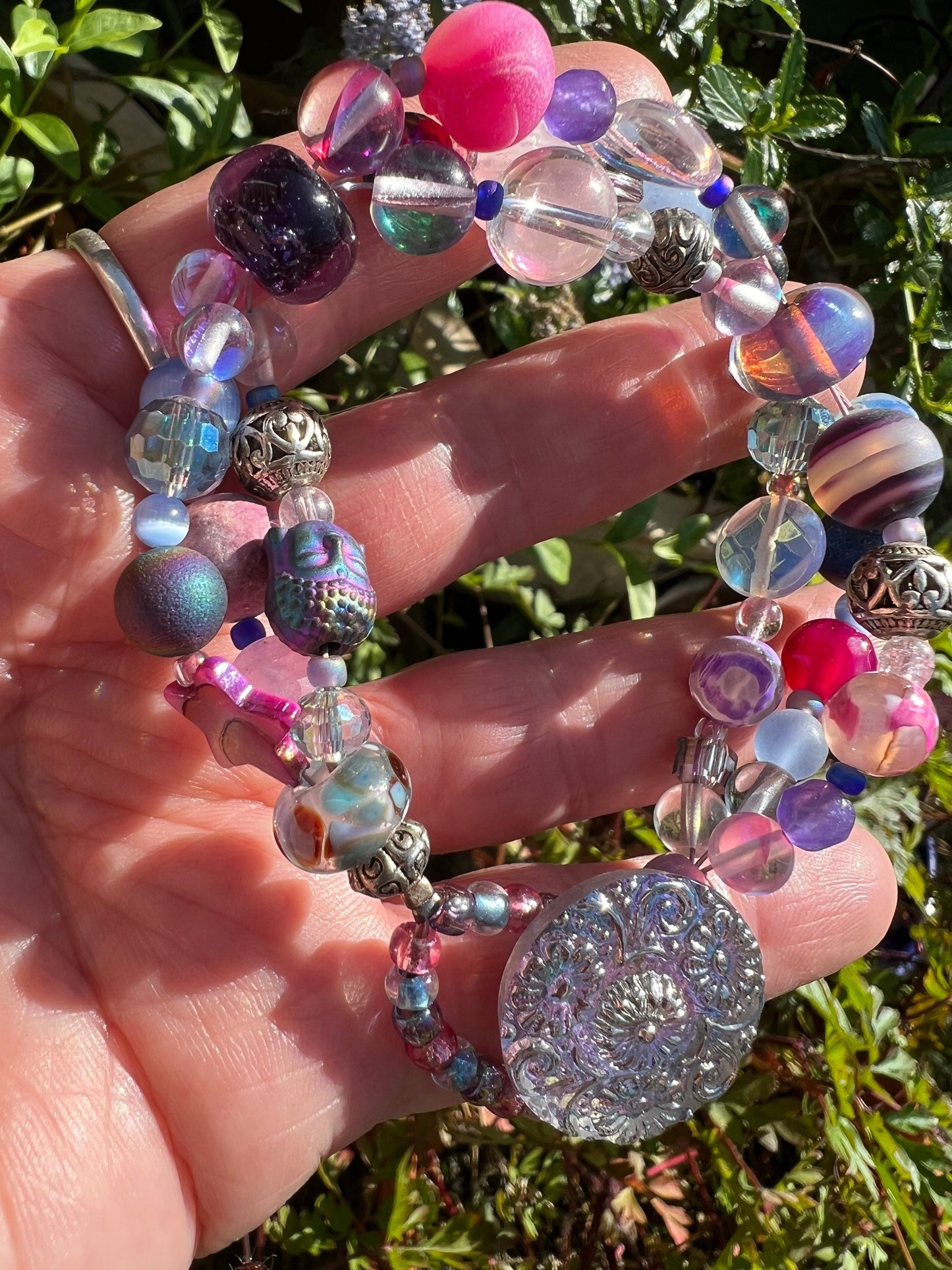 Custom Artisan Sublime Pink Purple Beaded Gemstone Crystal, Buddha  and Lampwork Bracelet Czech Button