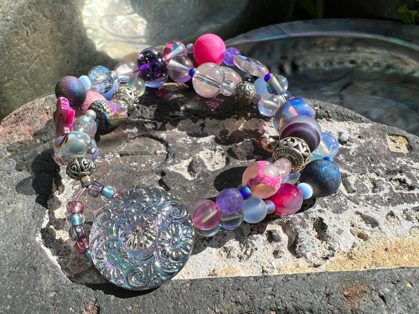 Custom Artisan Sublime Pink Purple Beaded Gemstone Crystal, Buddha  and Lampwork Bracelet Czech Button