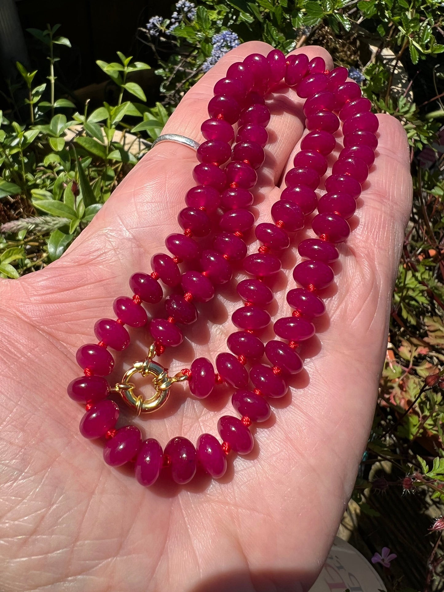 Cerise Summer Knotted Smooth Pink Chalcedony gemstone handmade necklace , 8mm beads 18” Gold Plated Clasp