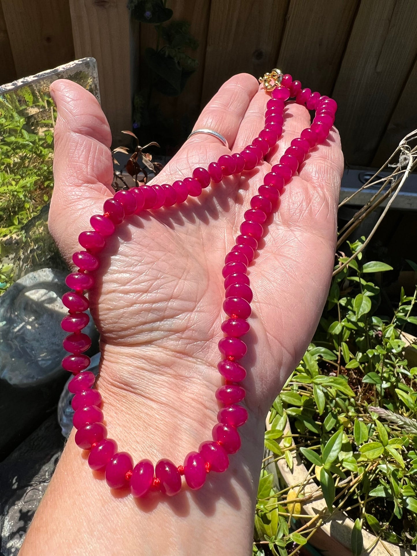 Cerise Summer Knotted Smooth Pink Chalcedony gemstone handmade necklace , 8mm beads 18” Gold Plated Clasp