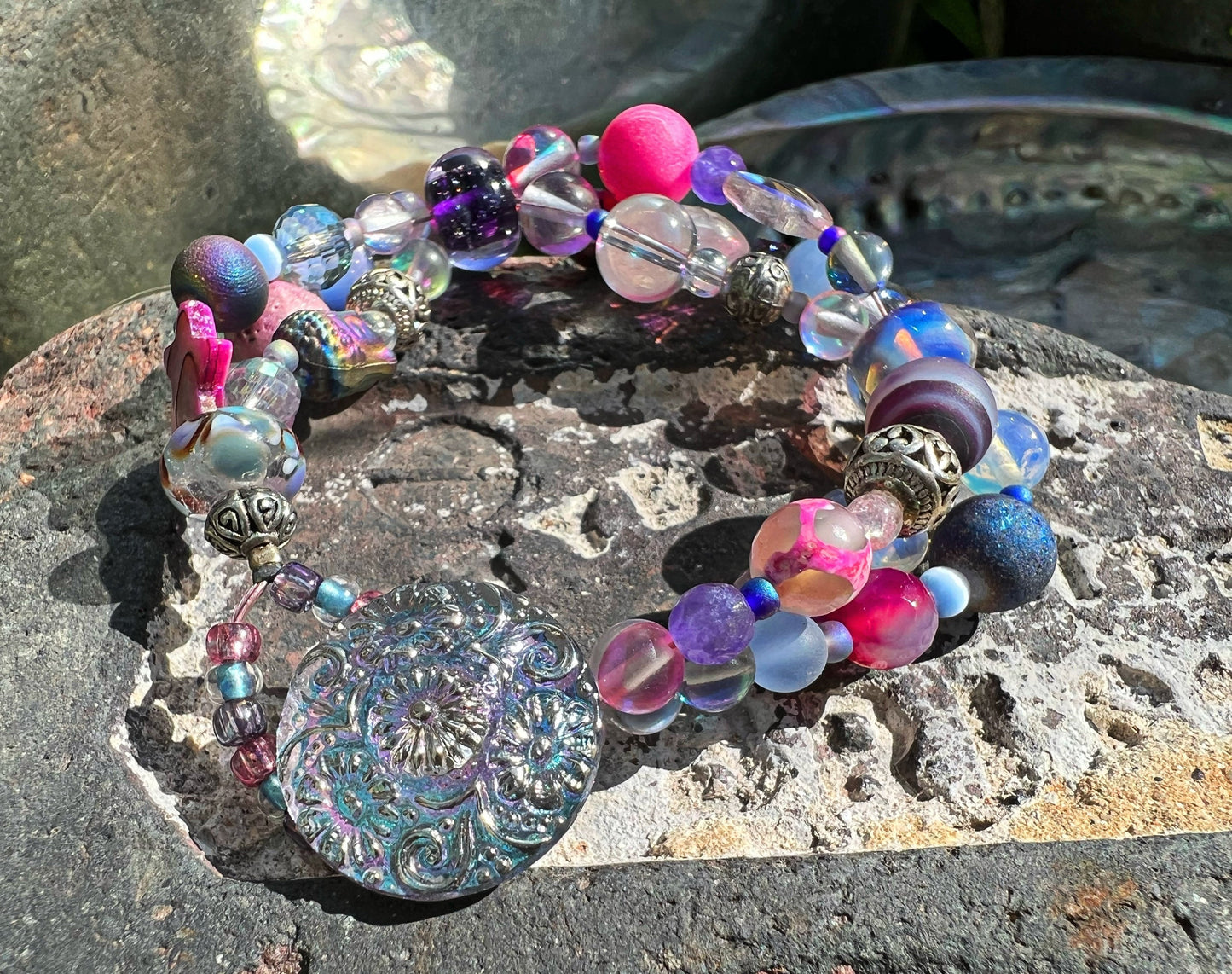 Custom Artisan Sublime Pink Purple Beaded Gemstone Crystal, Buddha  and Lampwork Bracelet Czech Button