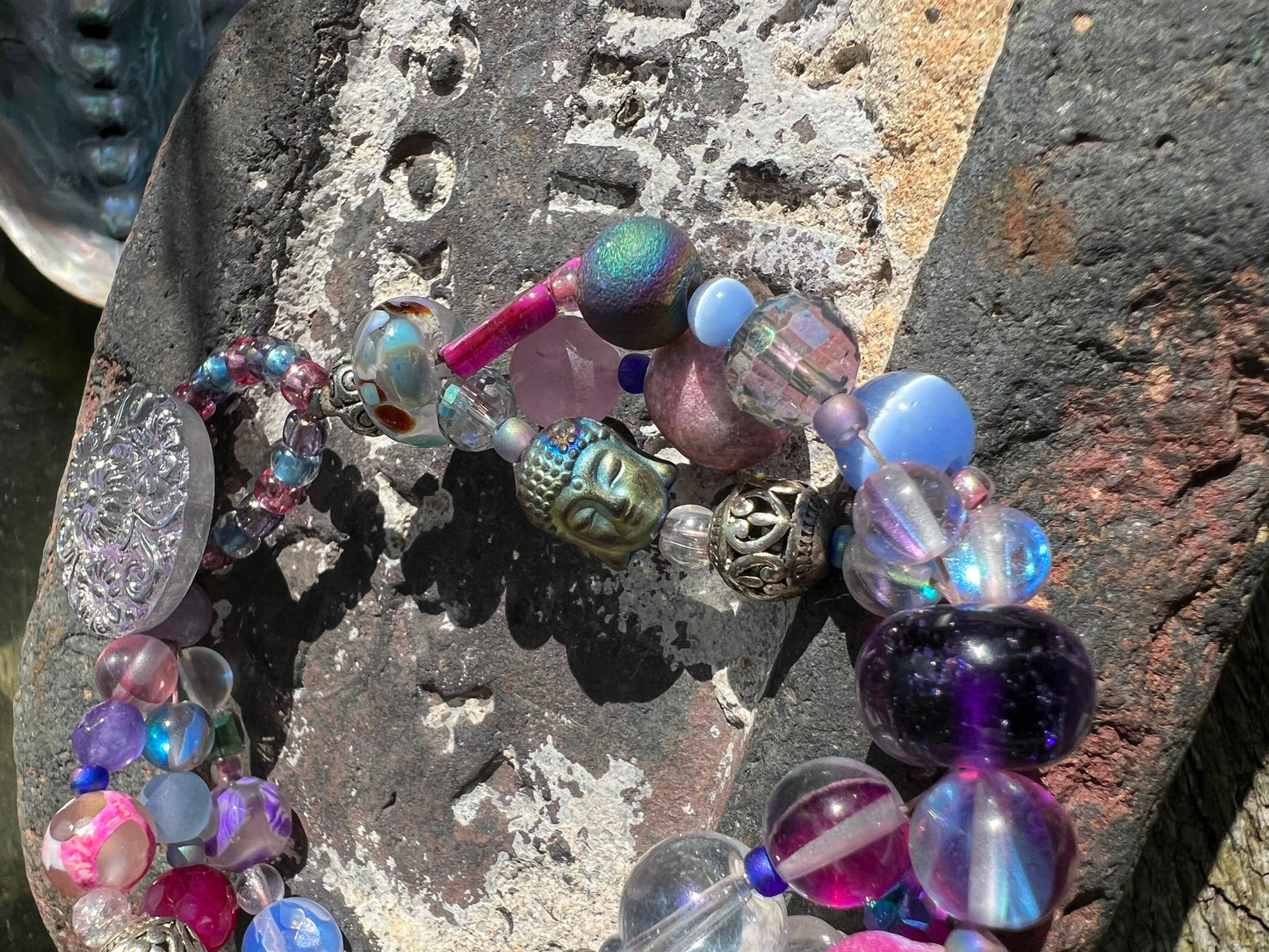 Custom Artisan Sublime Pink Purple Beaded Gemstone Crystal, Buddha  and Lampwork Bracelet Czech Button