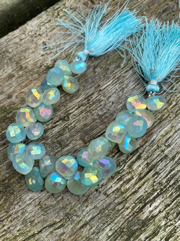 Natural Rustic Aqua Mystic AB Coated Chalcedony Faceted Handcut Briolette beads 10-12mm approx CHOOSE QUANTITY heart briolettes