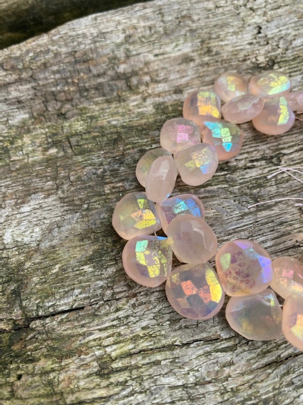 Natural Rustic Pink Mystic AB Coated Chalcedony Faceted Handcut Briolette beads 10-12mm approx CHOOSE QUANTITY heart briolettes