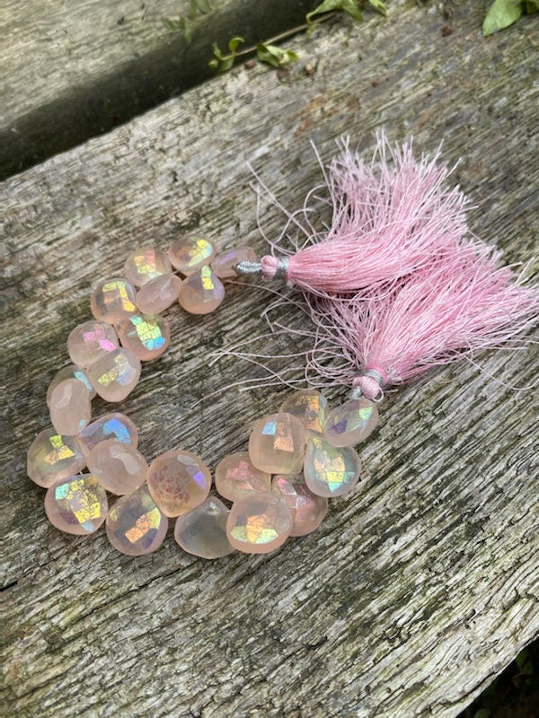 Natural Rustic Pink Mystic AB Coated Chalcedony Faceted Handcut Briolette beads 10-12mm approx CHOOSE QUANTITY heart briolettes
