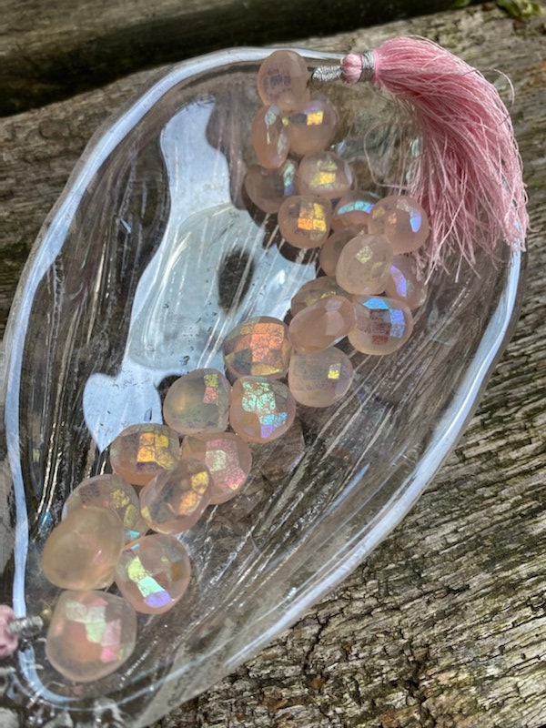 Natural Rustic Pink Mystic AB Coated Chalcedony Faceted Handcut Briolette beads 10-12mm approx CHOOSE QUANTITY heart briolettes